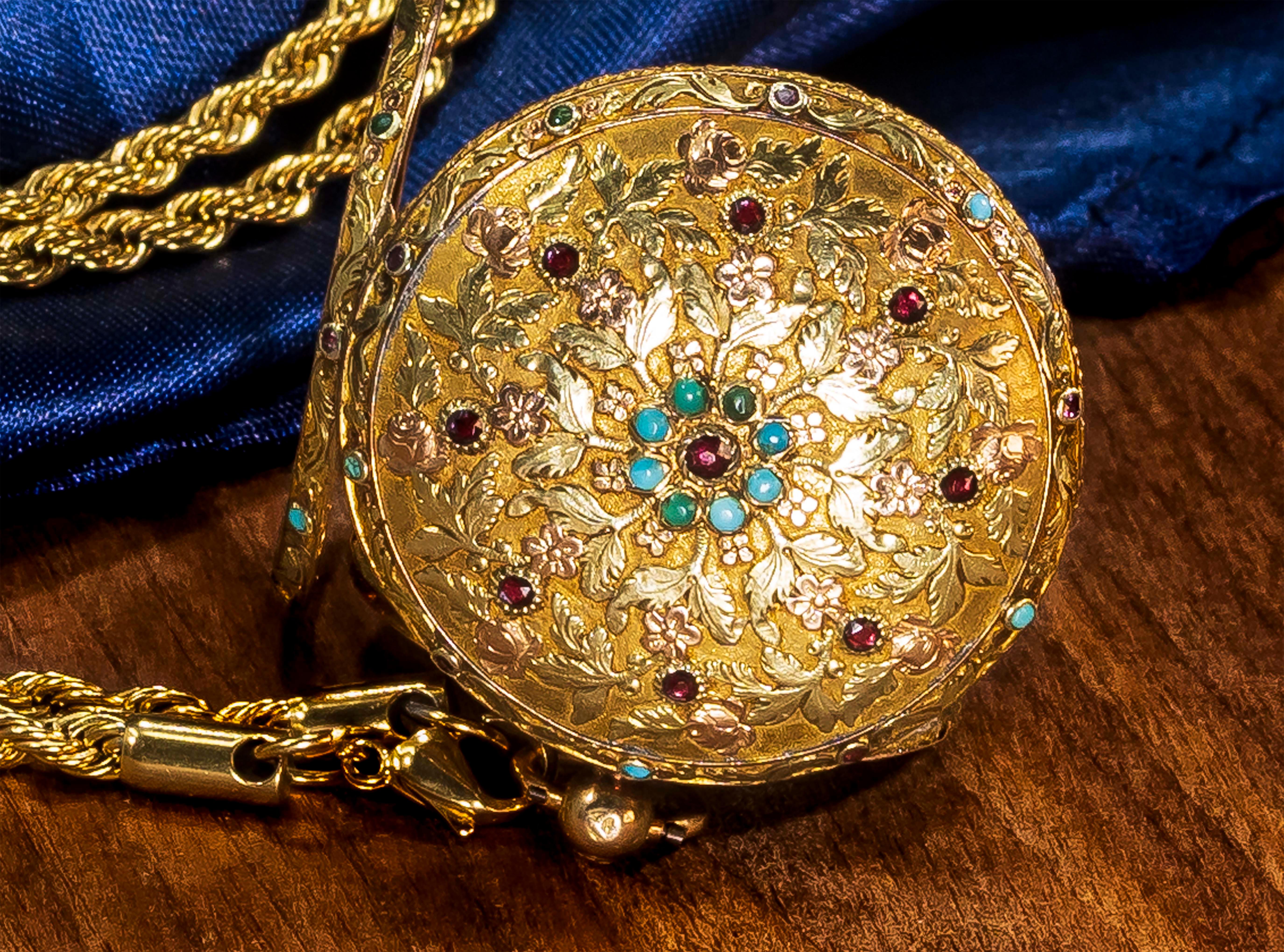 Cabochon Early 18 Karat Multi-Color Yellow Gold Turquoise Amethyst Pocket Watch