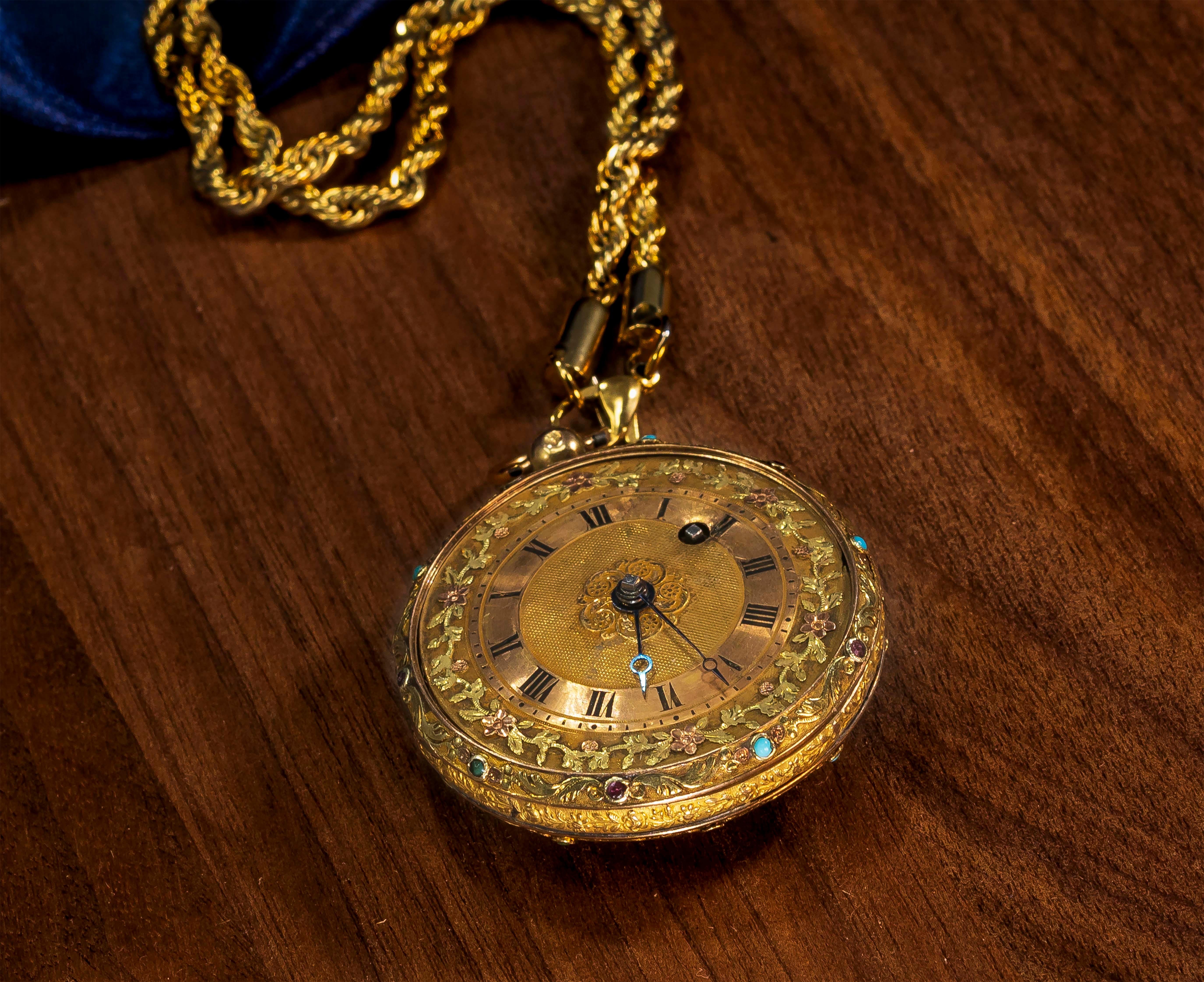Early 18 Karat Multi-Color Yellow Gold Turquoise Amethyst Pocket Watch 1