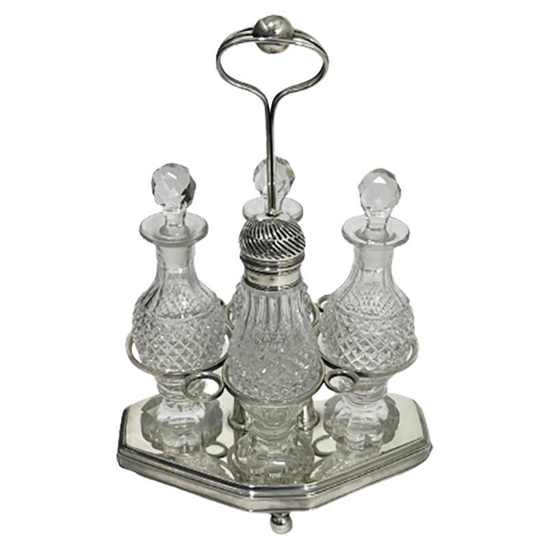 Early 19th Century Dutch Silver and Diamond Cut Crystal Cruet Set, 1816