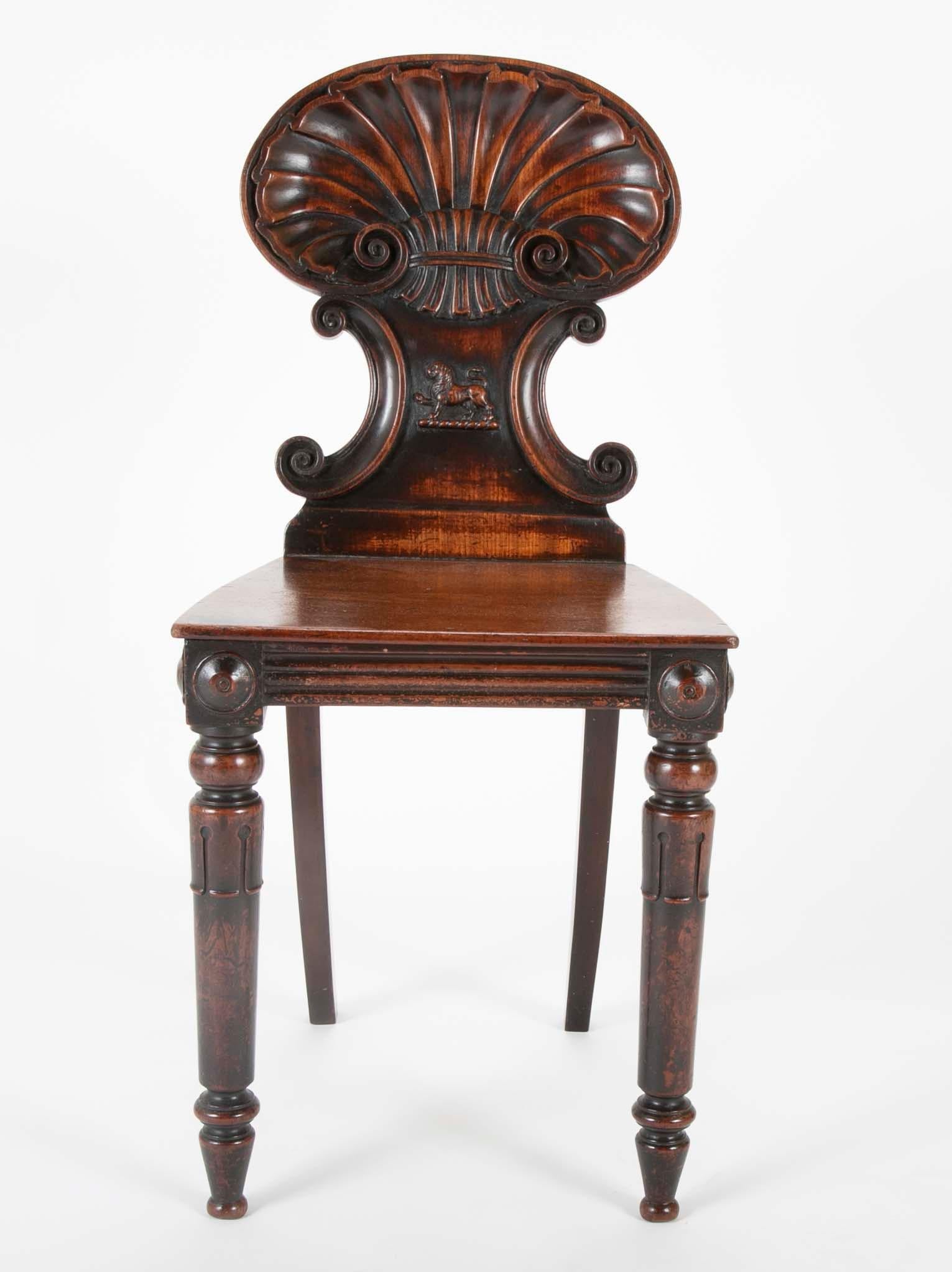 Hand-Carved Early 19th Century Georgian Shell Back Hall Chair with Lion Carving
