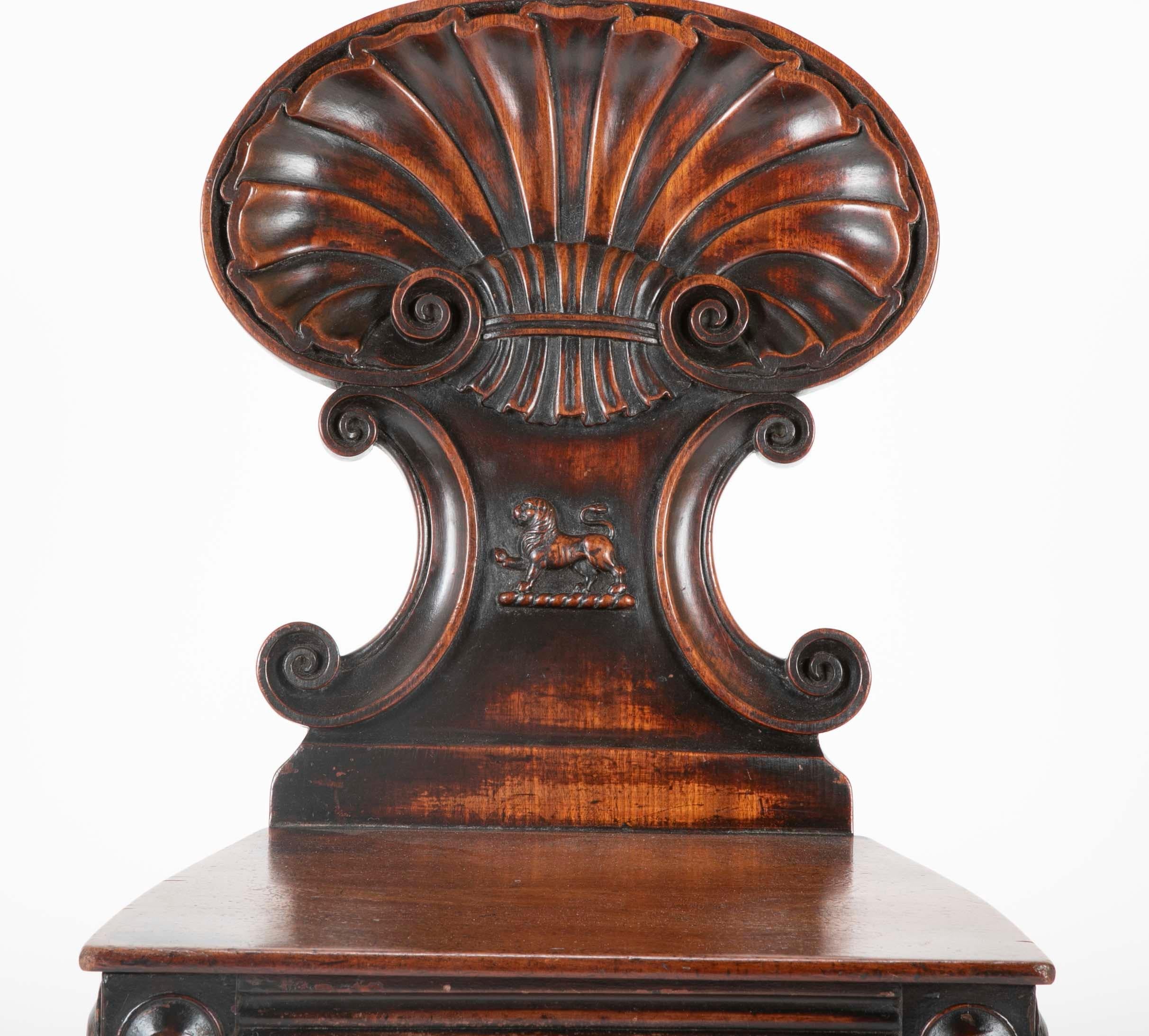 Mahogany Early 19th Century Georgian Shell Back Hall Chair with Lion Carving