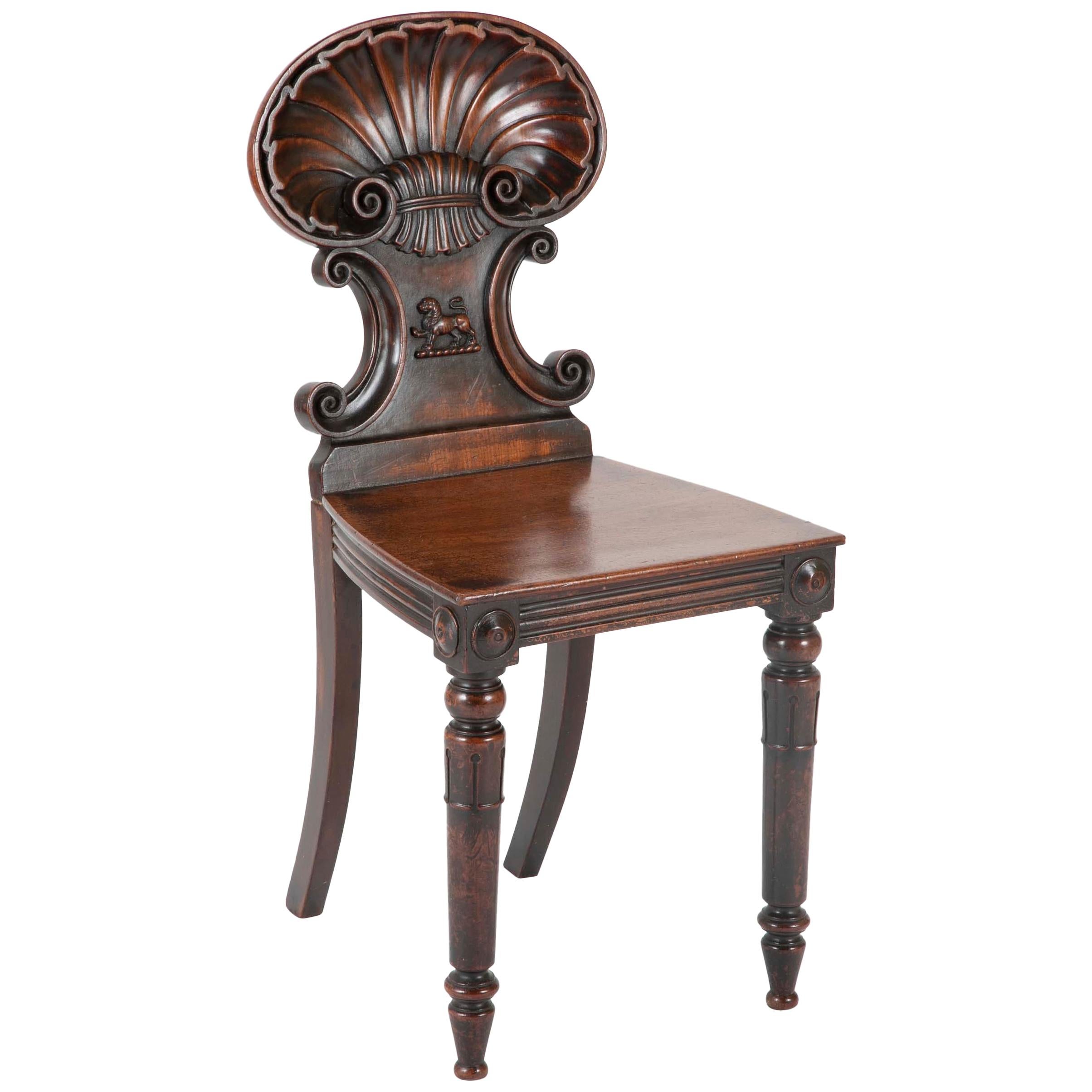 Early 19th Century Georgian Shell Back Hall Chair with Lion Carving
