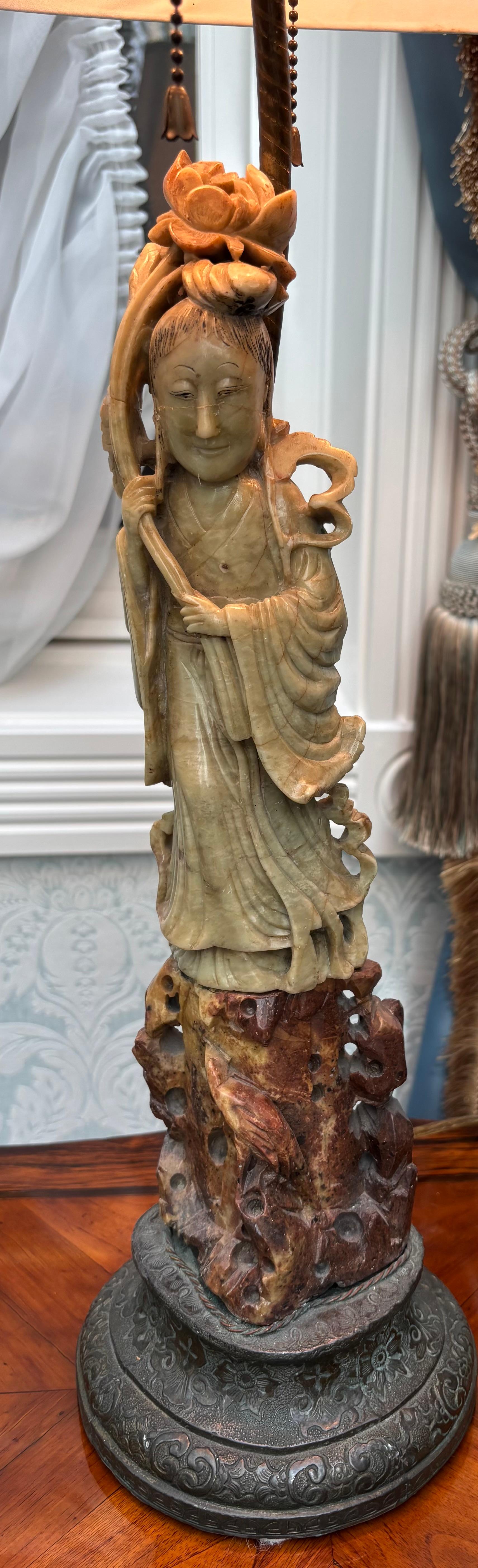 A early 20 Century Carved Soapstone lamp of the Goddess Guanyin For Sale 3