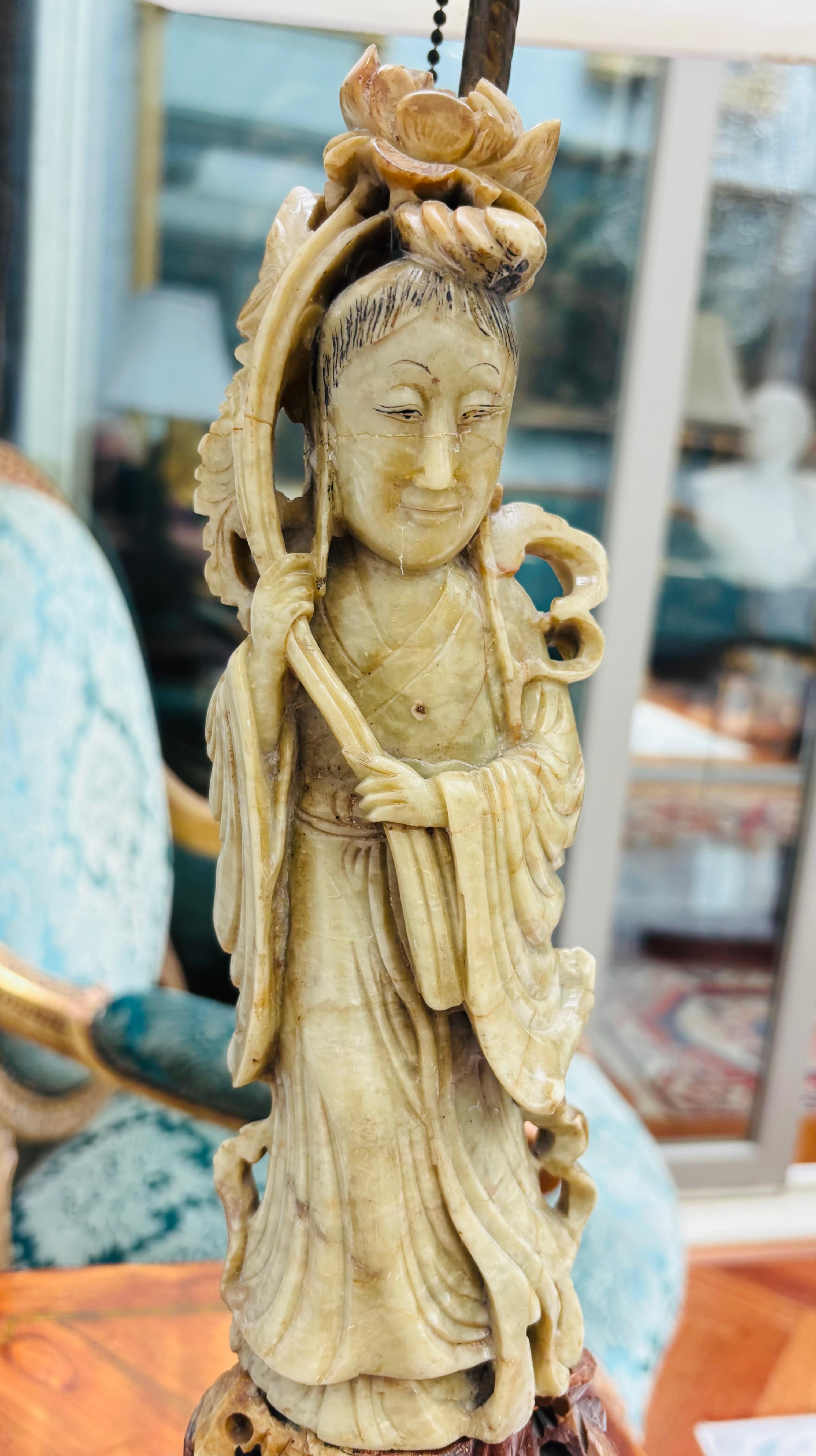 A early 20 Century Carved Soapstone lamp of the Goddess Guanyin For Sale 4