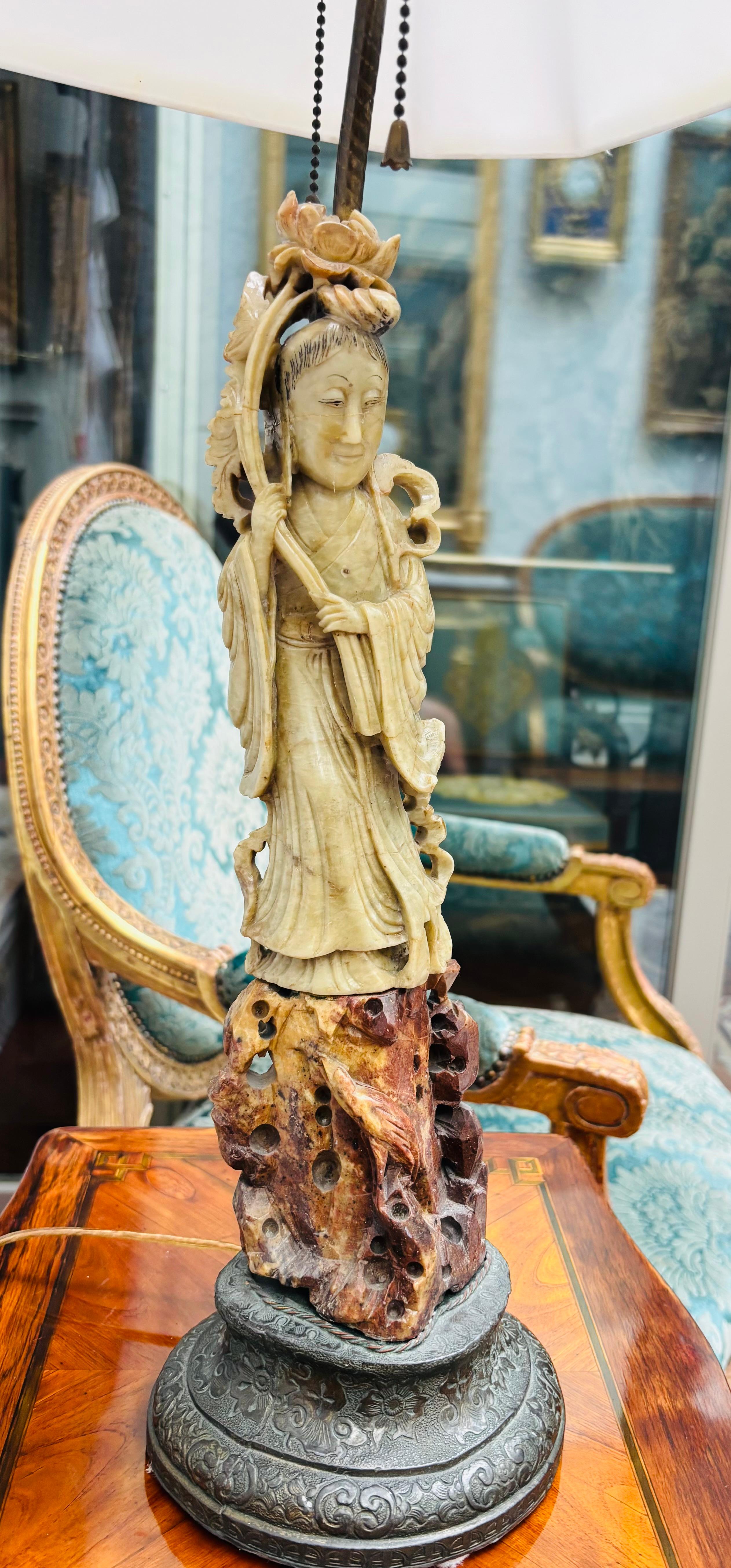 A early 20 Century Carved Soapstone lamp of the Goddess Guanyin For Sale 5