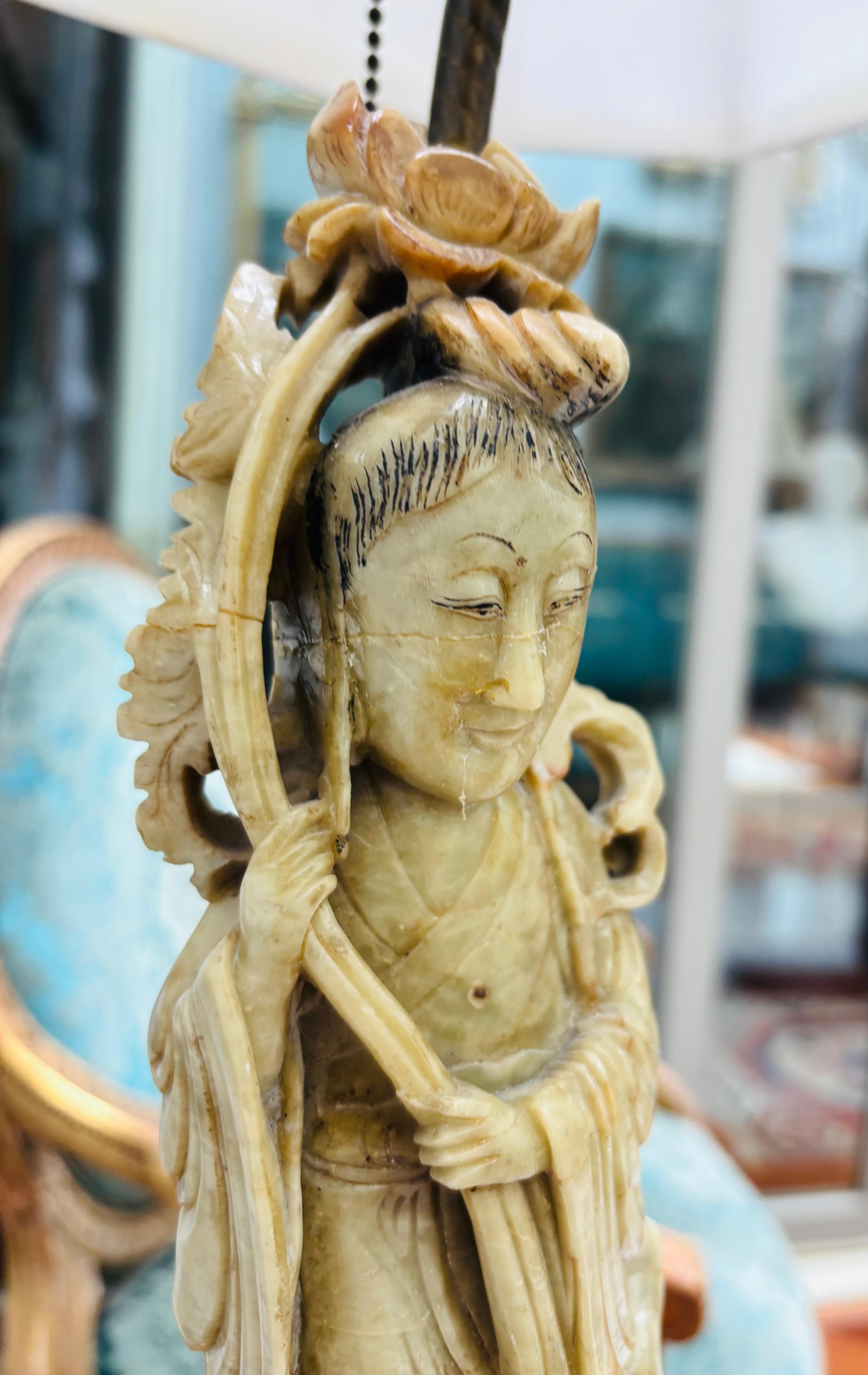 A early 20 Century Carved Soapstone lamp of the Goddess Guanyin For Sale 6