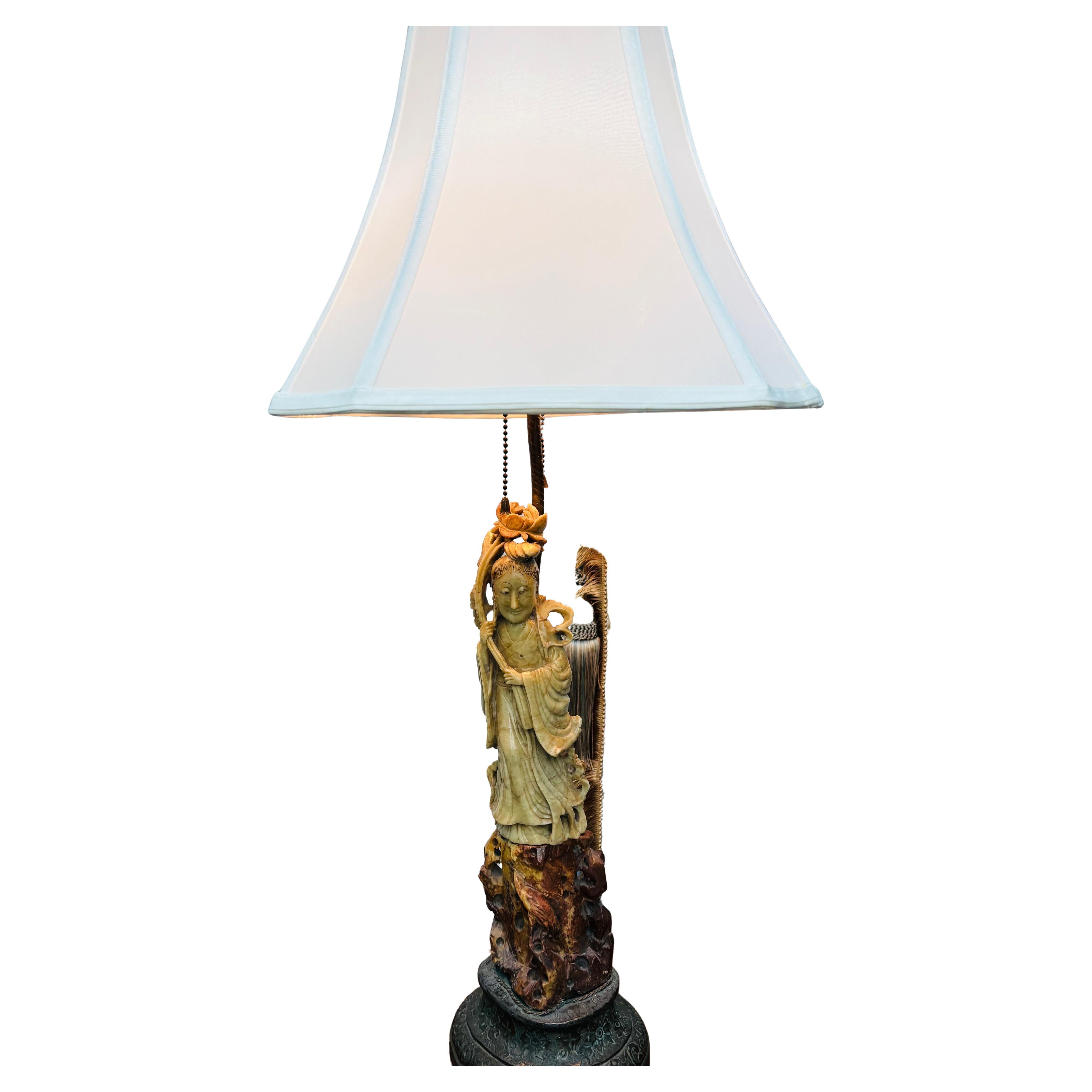 Chinese A early 20 Century Carved Soapstone lamp of the Goddess Guanyin For Sale