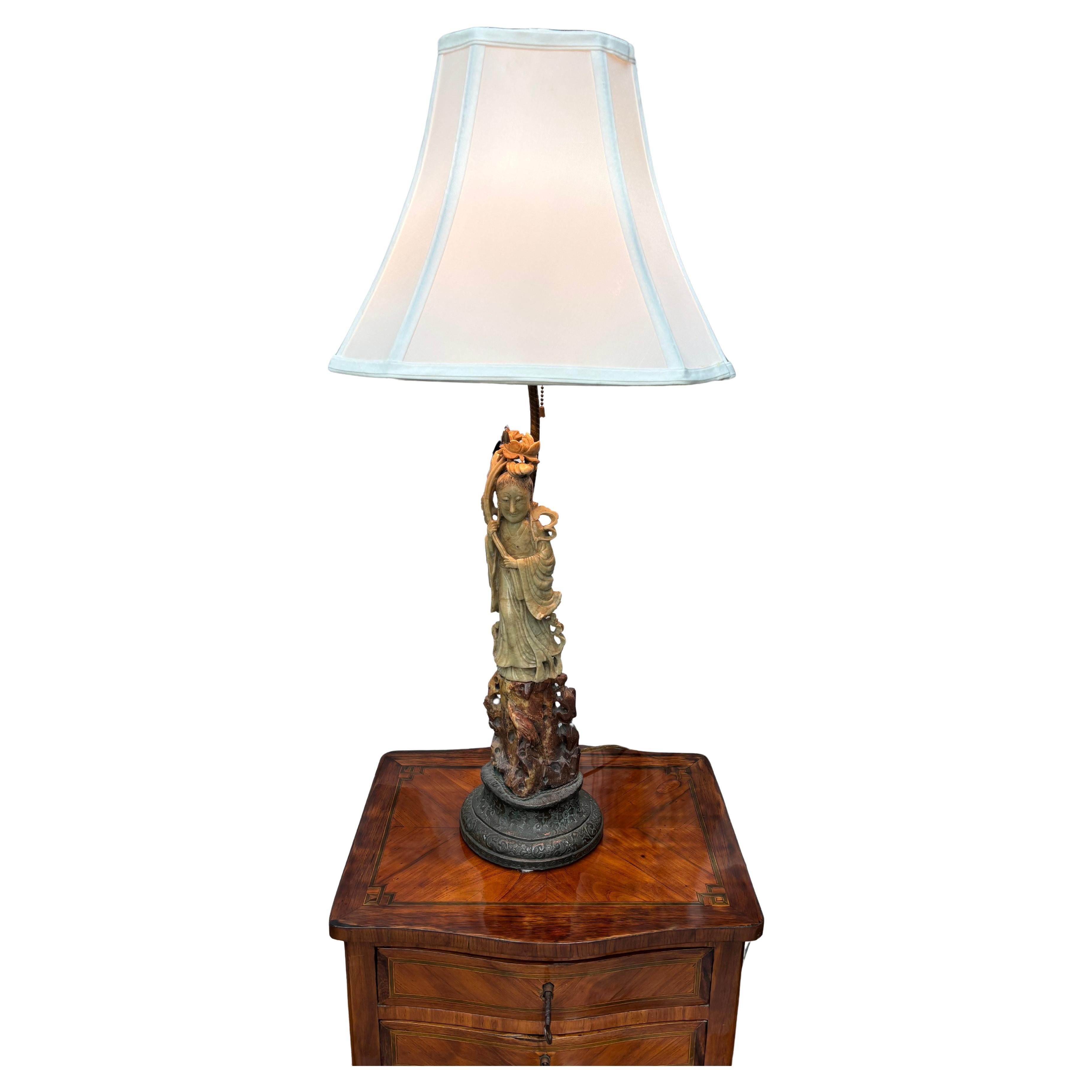 Hand-Carved A early 20 Century Carved Soapstone lamp of the Goddess Guanyin For Sale
