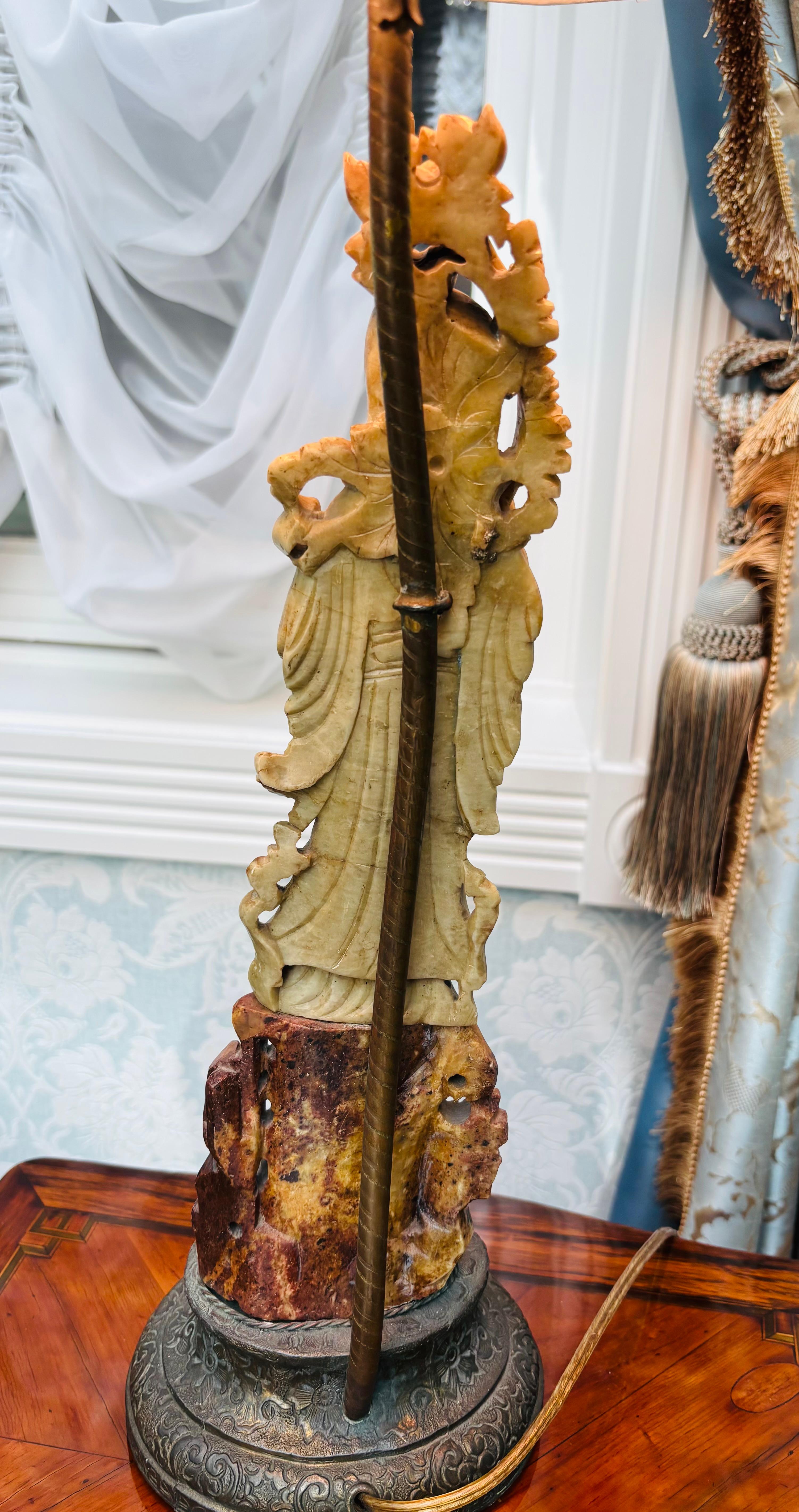 A early 20 Century Carved Soapstone lamp of the Goddess Guanyin In Fair Condition For Sale In Vancouver, British Columbia