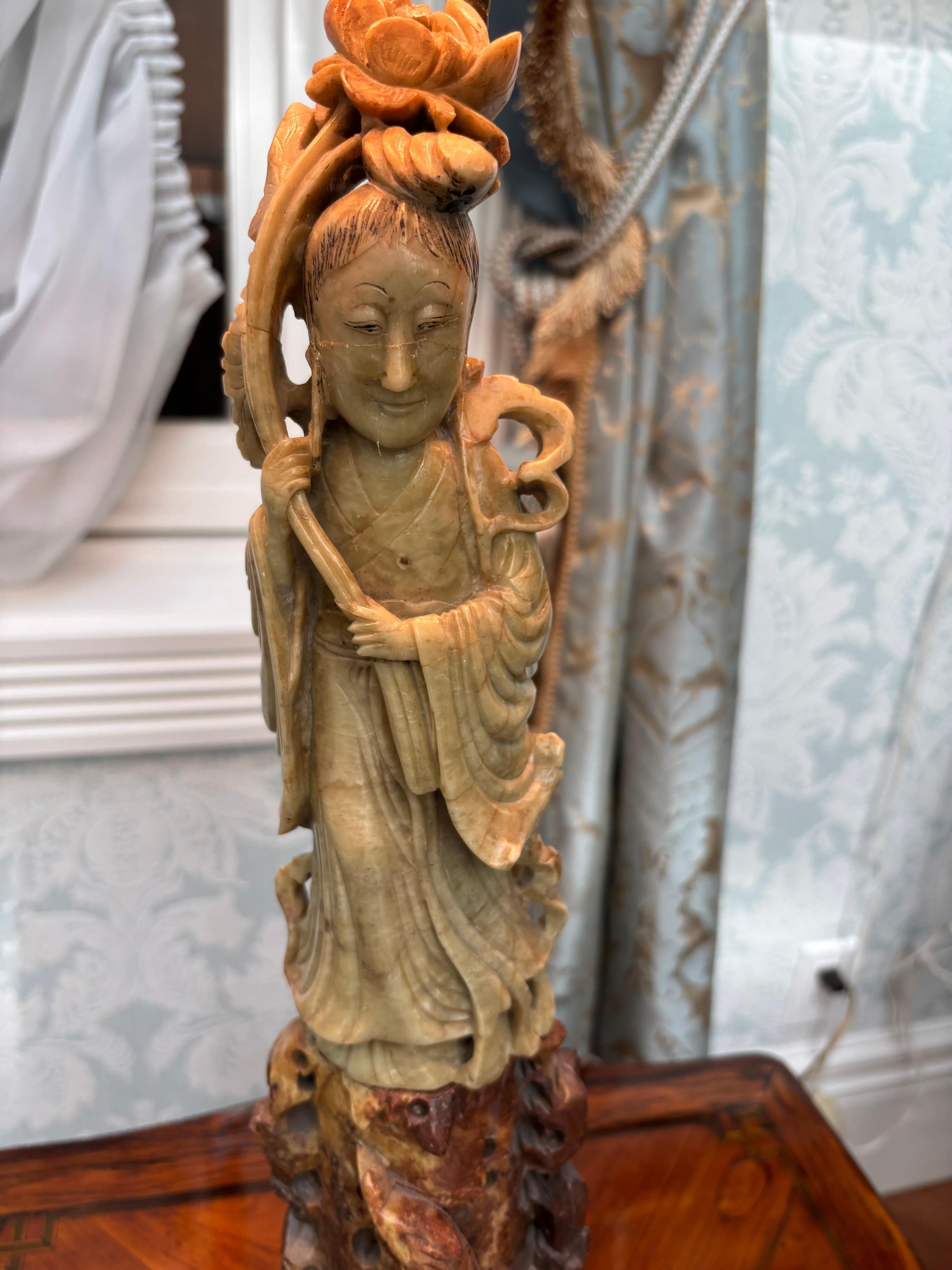 20th Century A early 20 Century Carved Soapstone lamp of the Goddess Guanyin For Sale