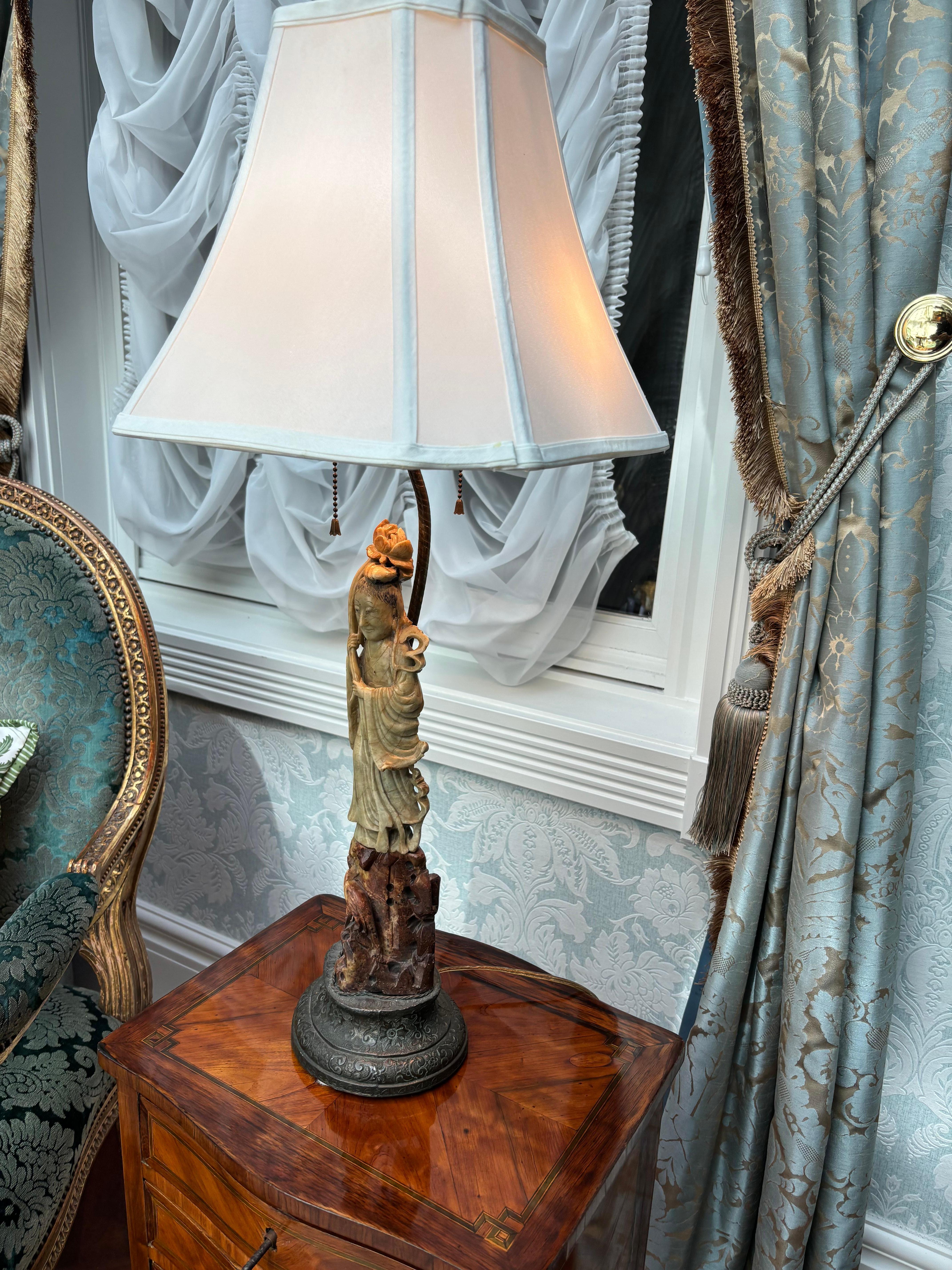 Bronze A early 20 Century Carved Soapstone lamp of the Goddess Guanyin For Sale