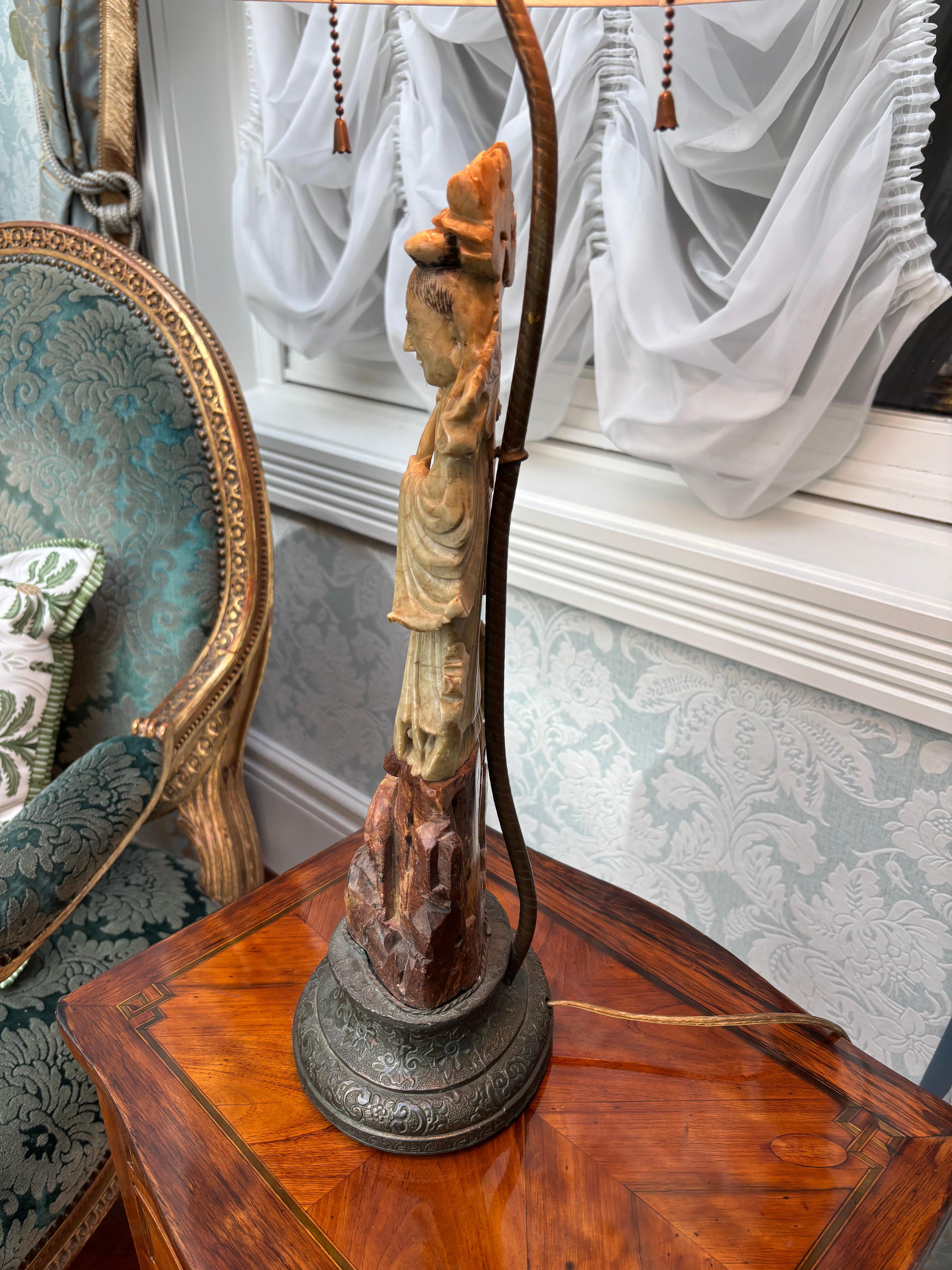 A early 20 Century Carved Soapstone lamp of the Goddess Guanyin For Sale 1