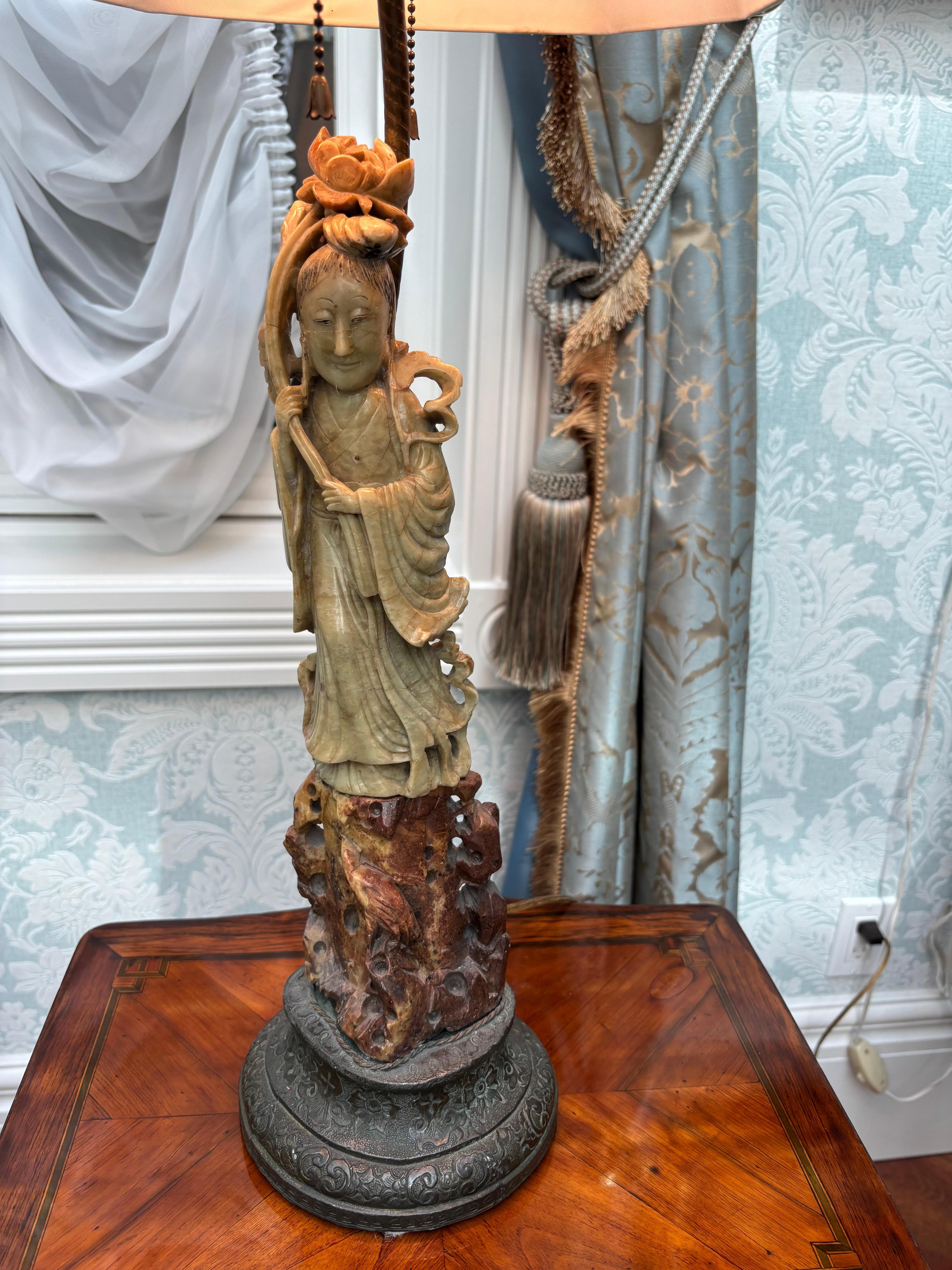 A early 20 Century Carved Soapstone lamp of the Goddess Guanyin For Sale 2