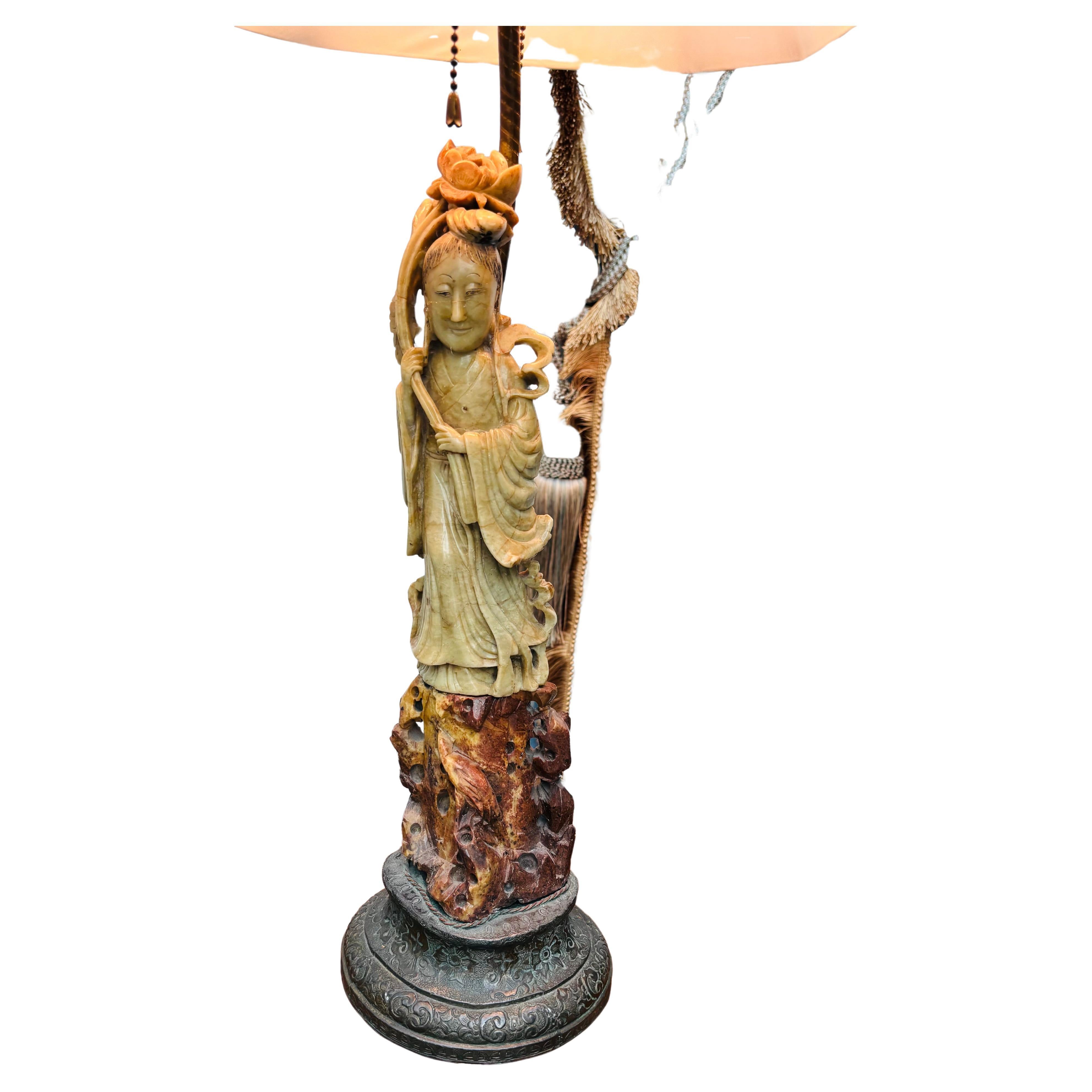 Aesthetic Movement A early 20 Century Carved Soapstone lamp of the Goddess Guanyin For Sale