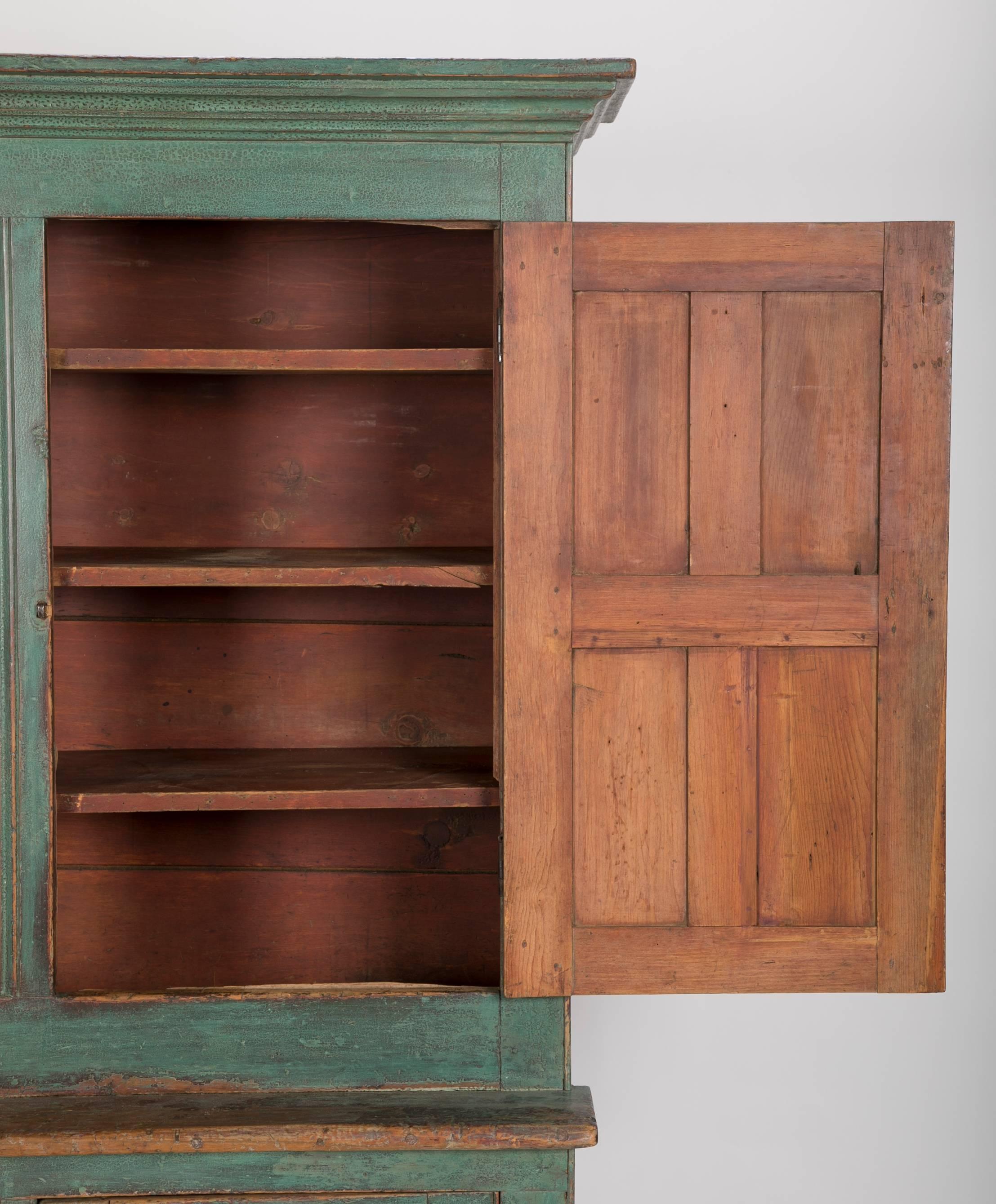 Early American Stepback Cupboard in Blue Paint with Excellent Patina 2