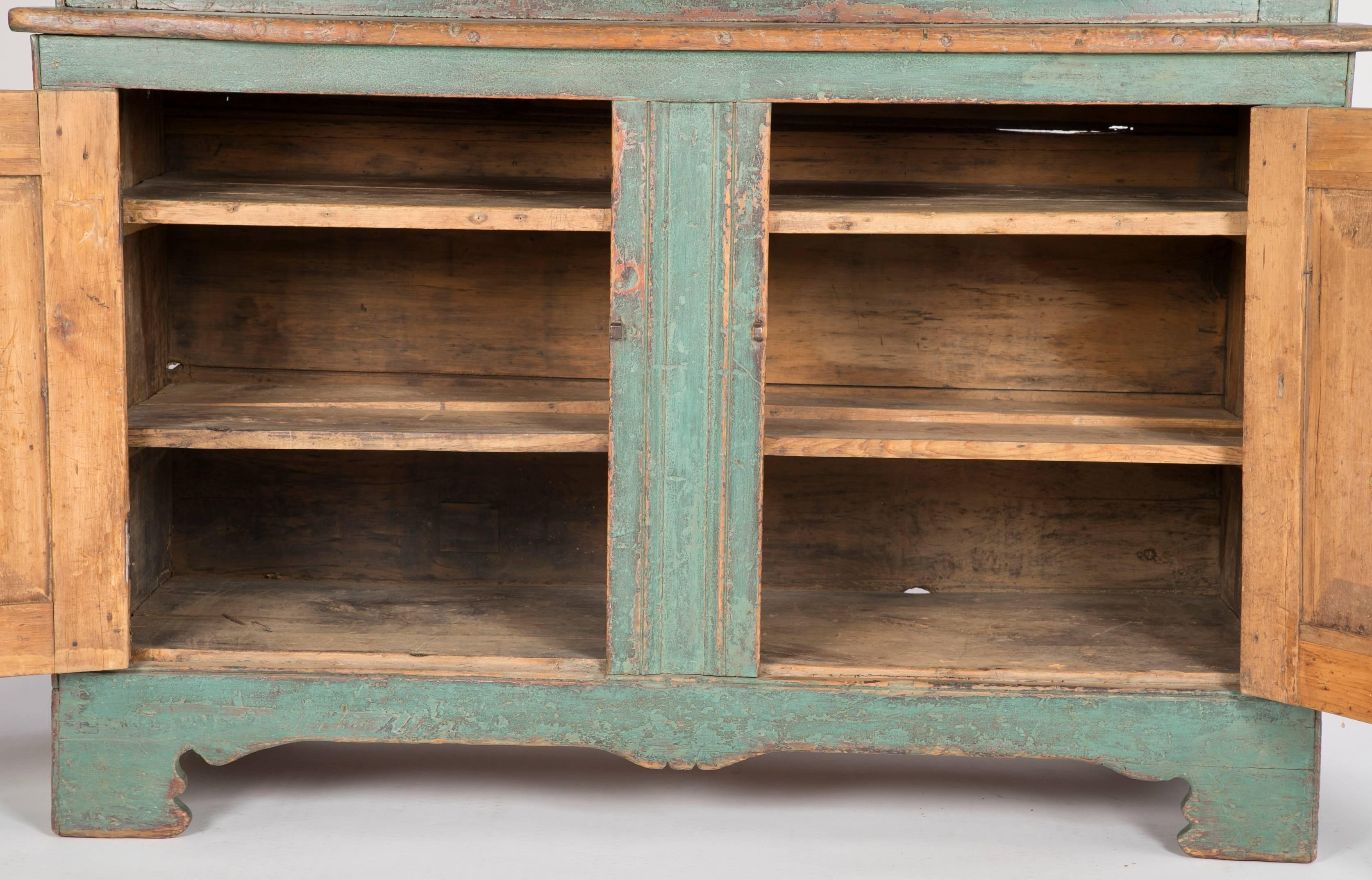 Early American Stepback Cupboard in Blue Paint with Excellent Patina 5