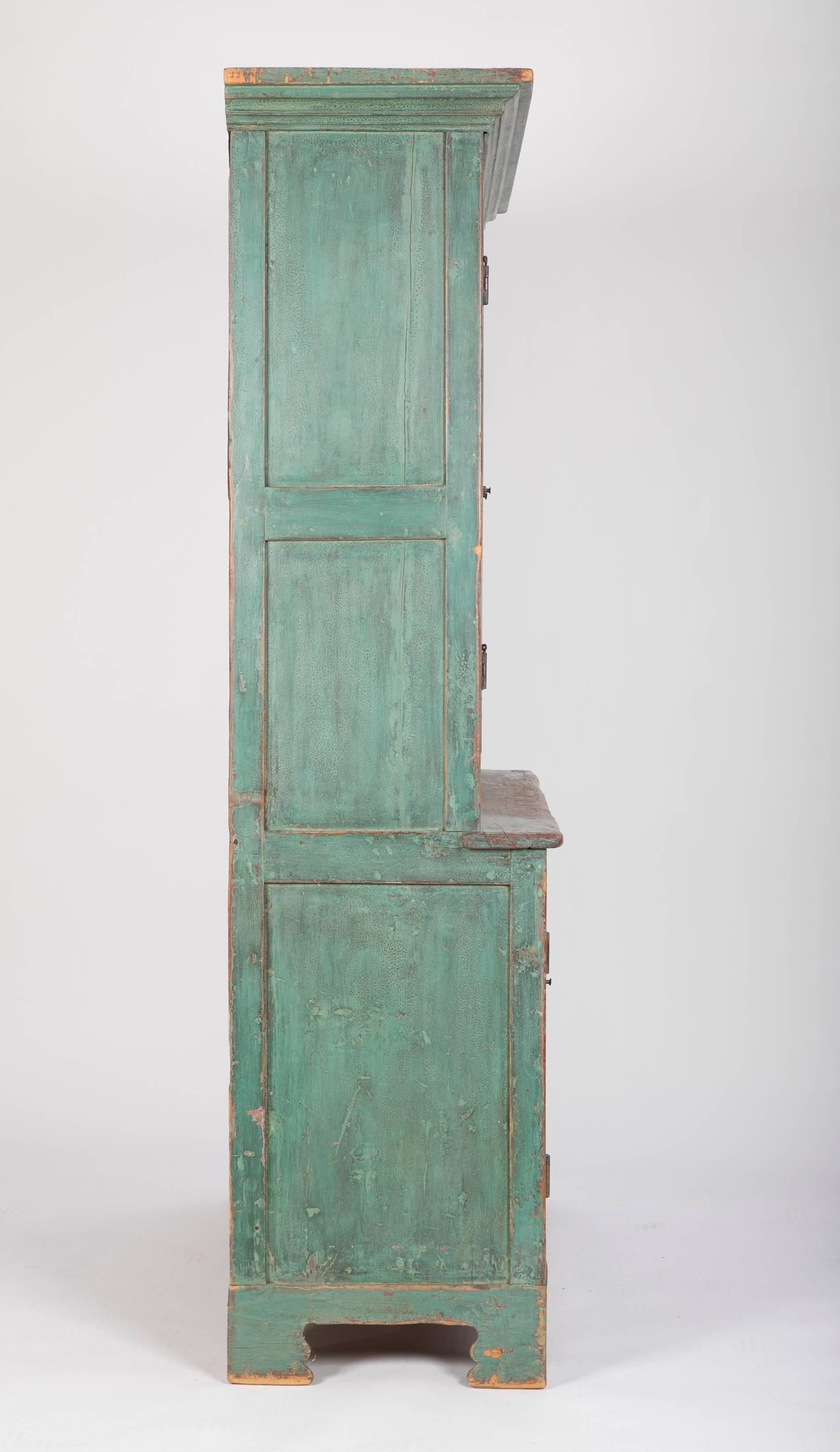 Early American Stepback Cupboard in Blue Paint with Excellent Patina 8