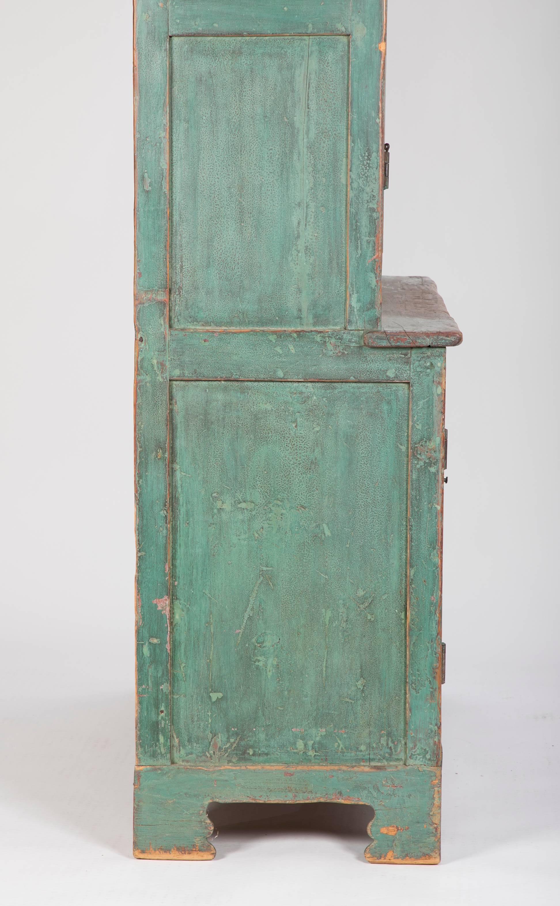 Early American Stepback Cupboard in Blue Paint with Excellent Patina 9