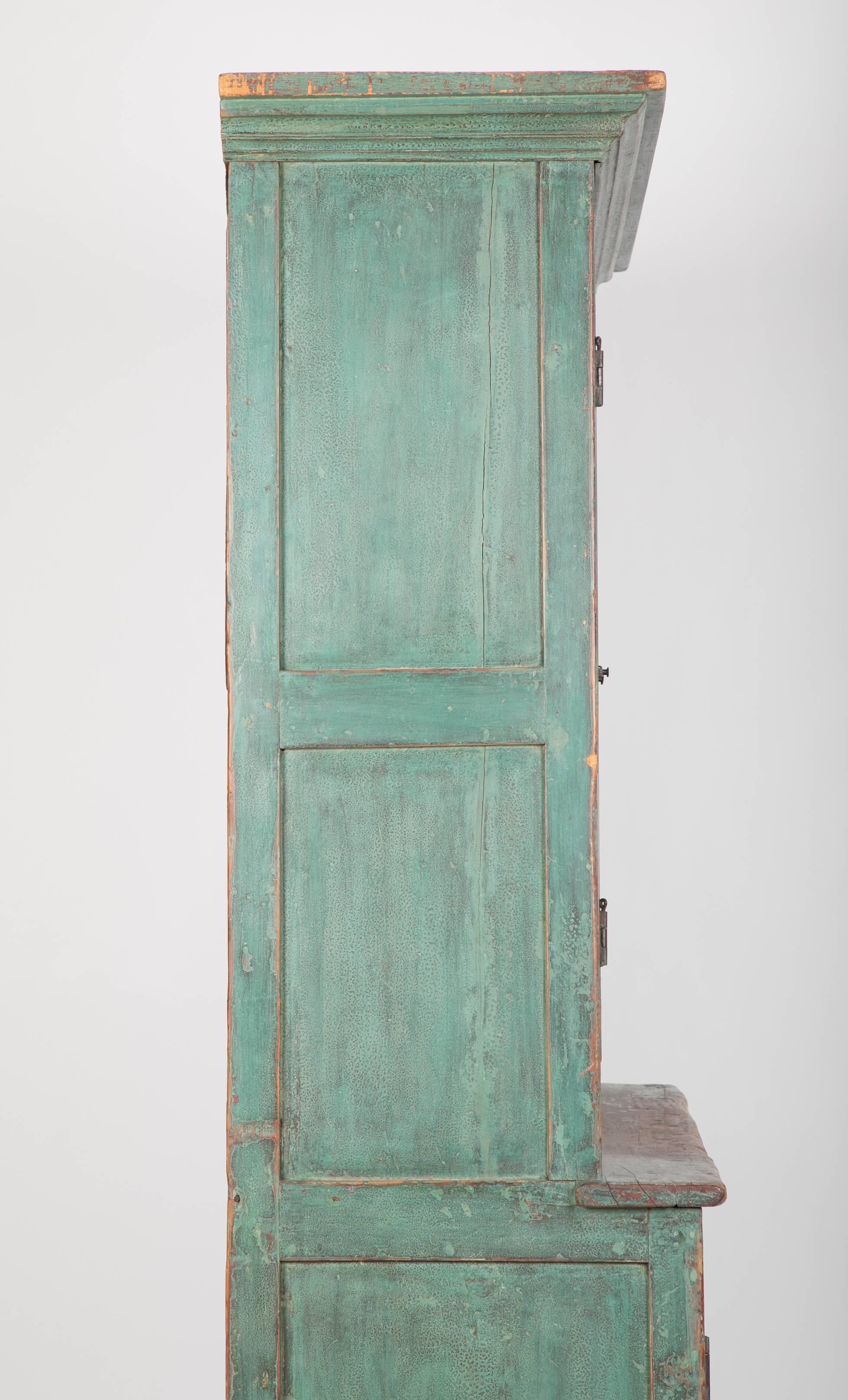 Early American Stepback Cupboard in Blue Paint with Excellent Patina 10