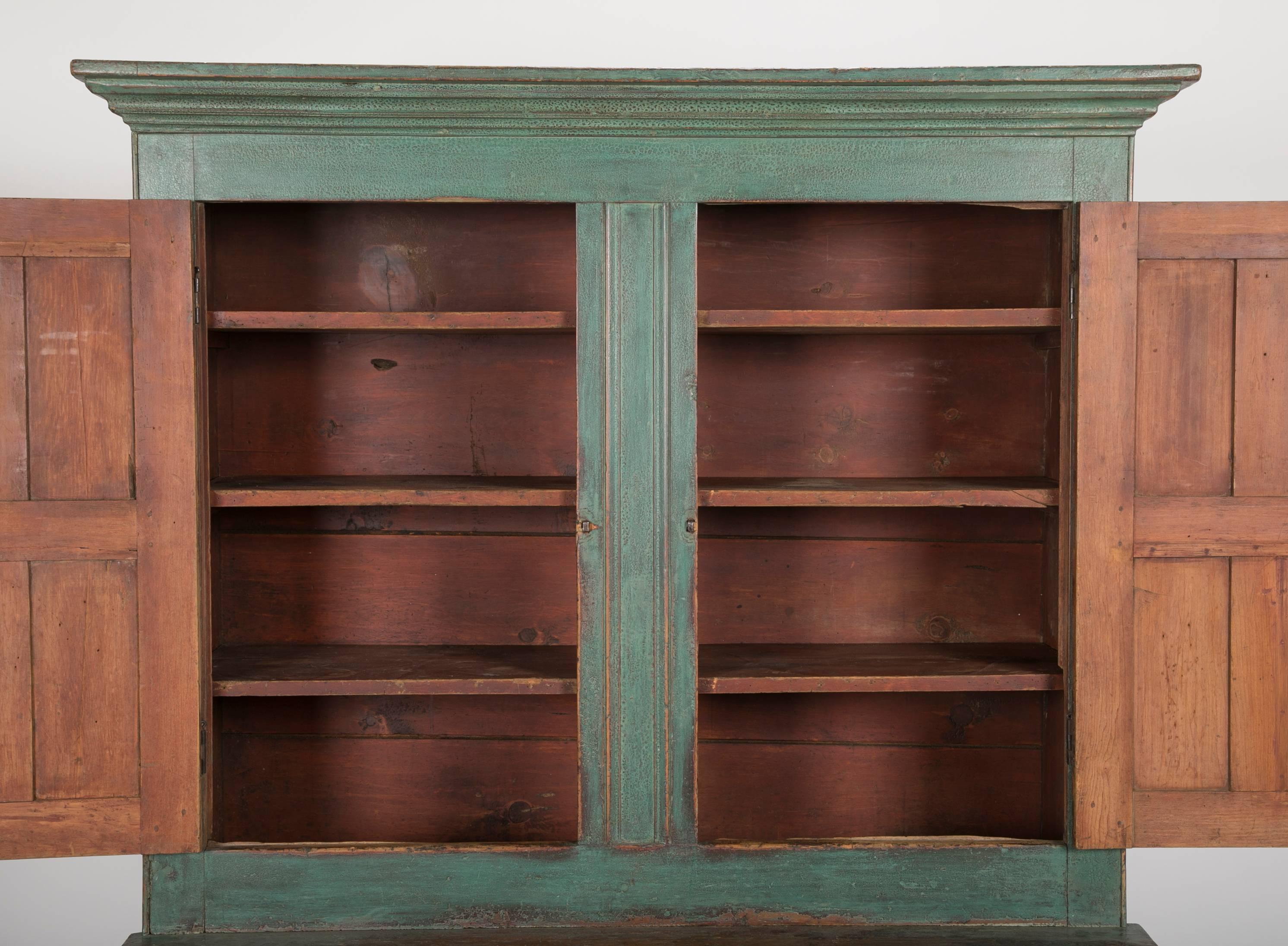 Early American Stepback Cupboard in Blue Paint with Excellent Patina 1