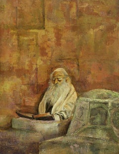 Rare 1950s New York Modernist Judaica Rabbi Oil Painting signed A. Einstein