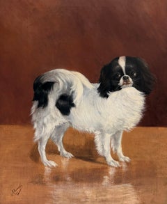 Feine antike signiert Öl Porträt der japanischen Chin Spaniel Hund stehend Interieur