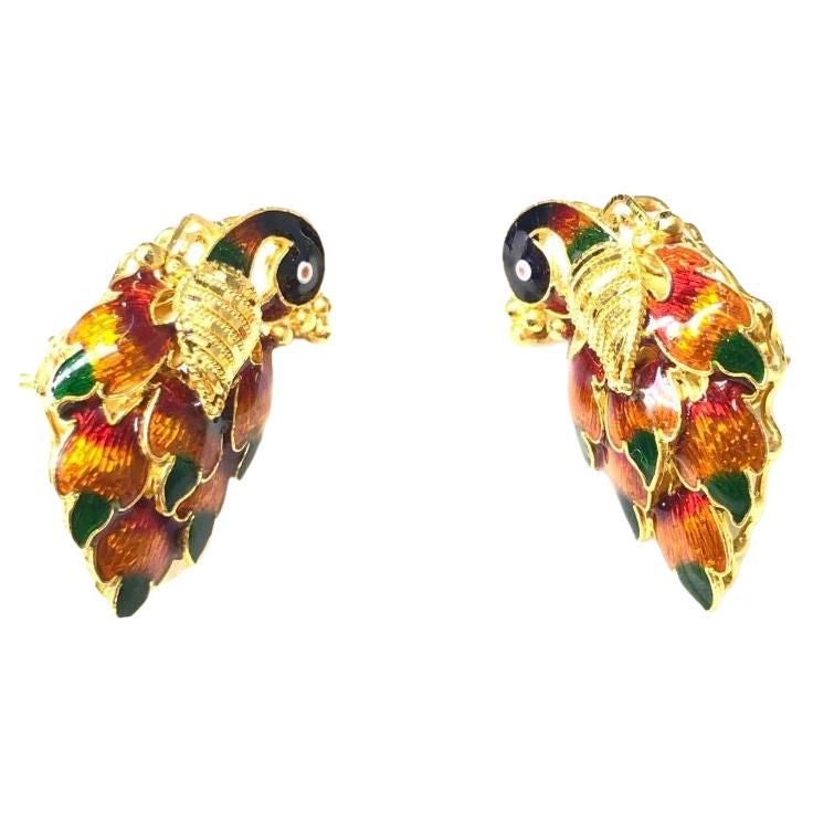 A Enamel Peacock Earring in 22KT Gold  For Sale