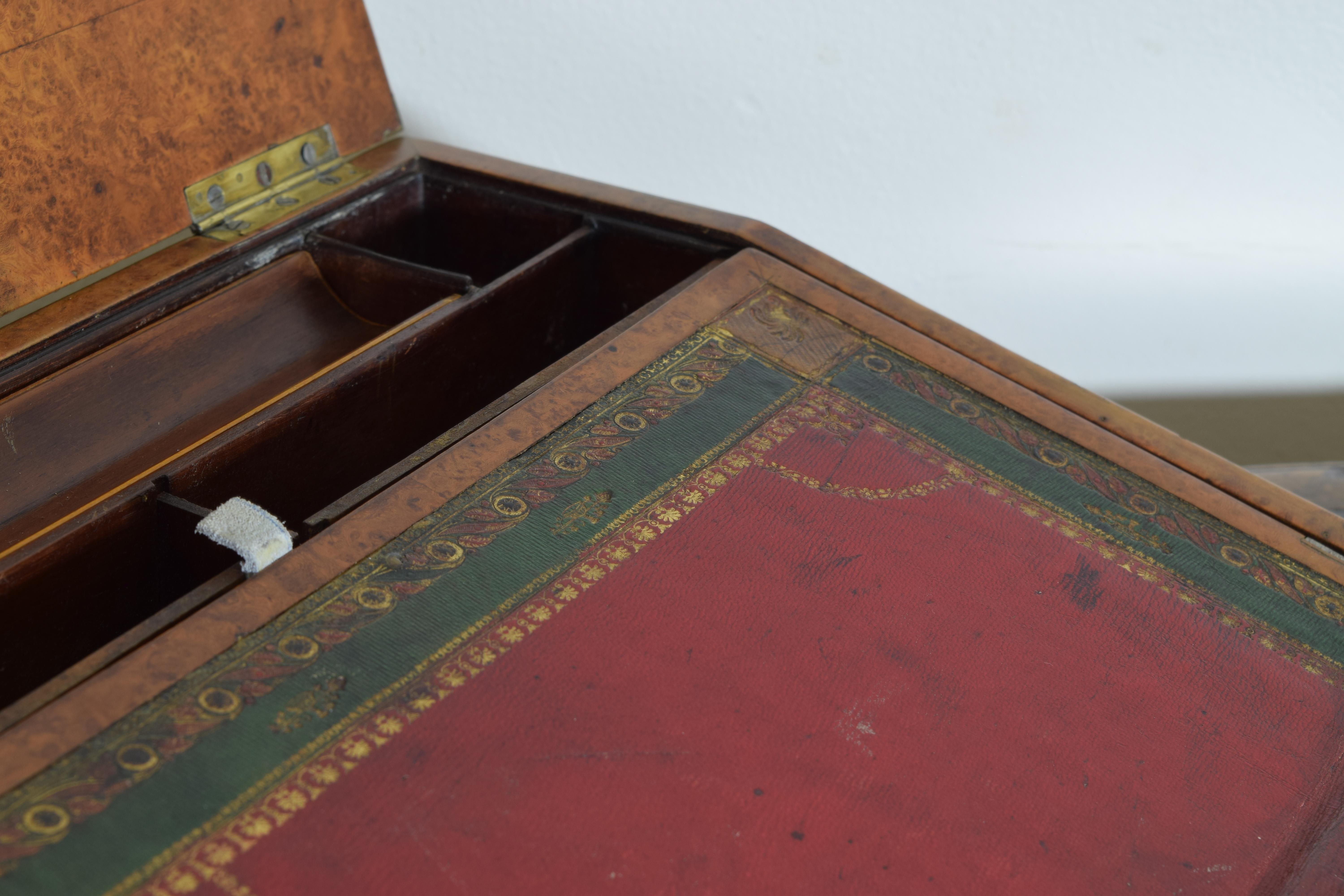 A English Neoclassic Burl Walnut, Brass, & Leather Portable Writing Desk, 19thc For Sale 5
