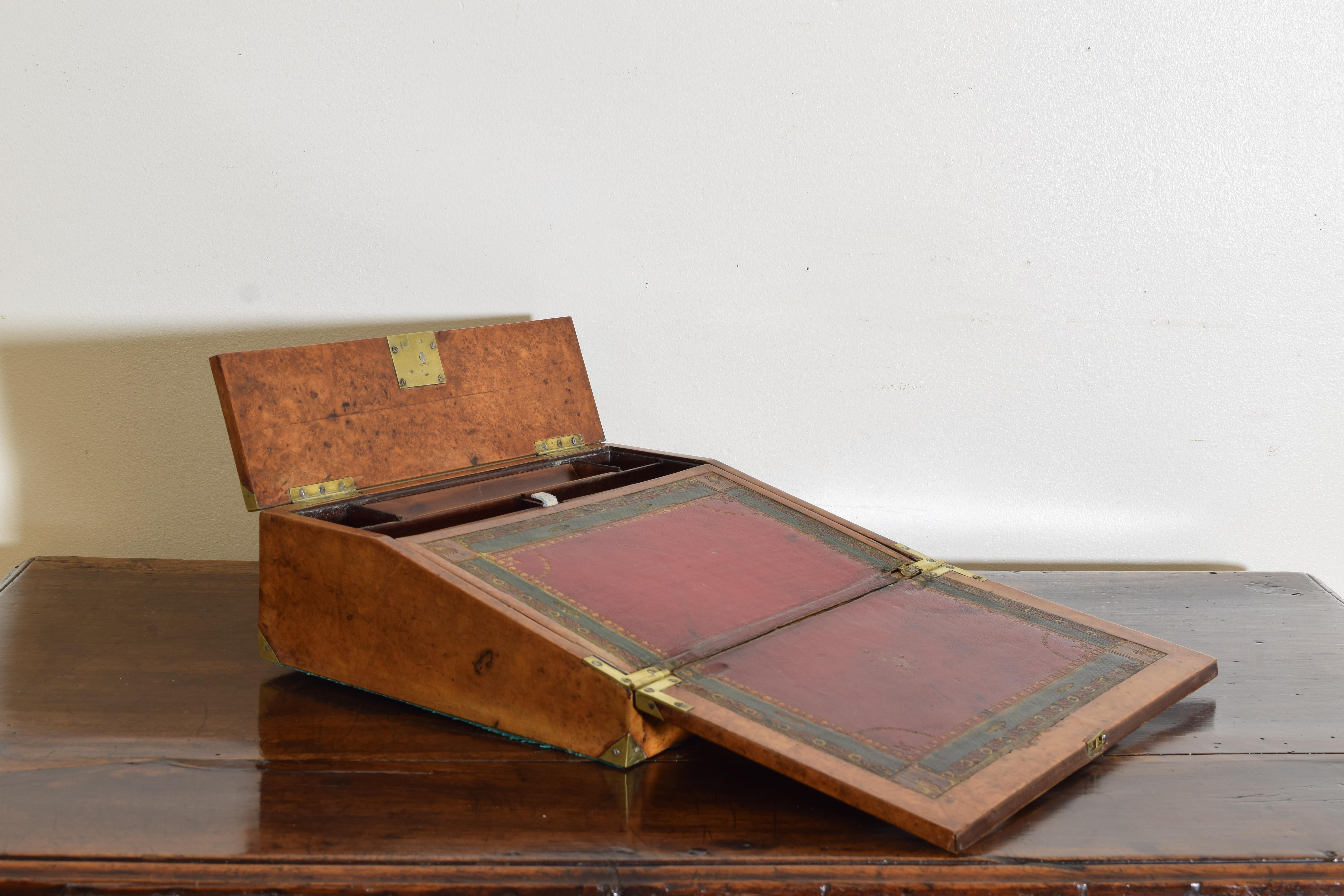A English Neoclassic Burl Walnut, Brass, & Leather Portable Writing Desk, 19thc For Sale 1