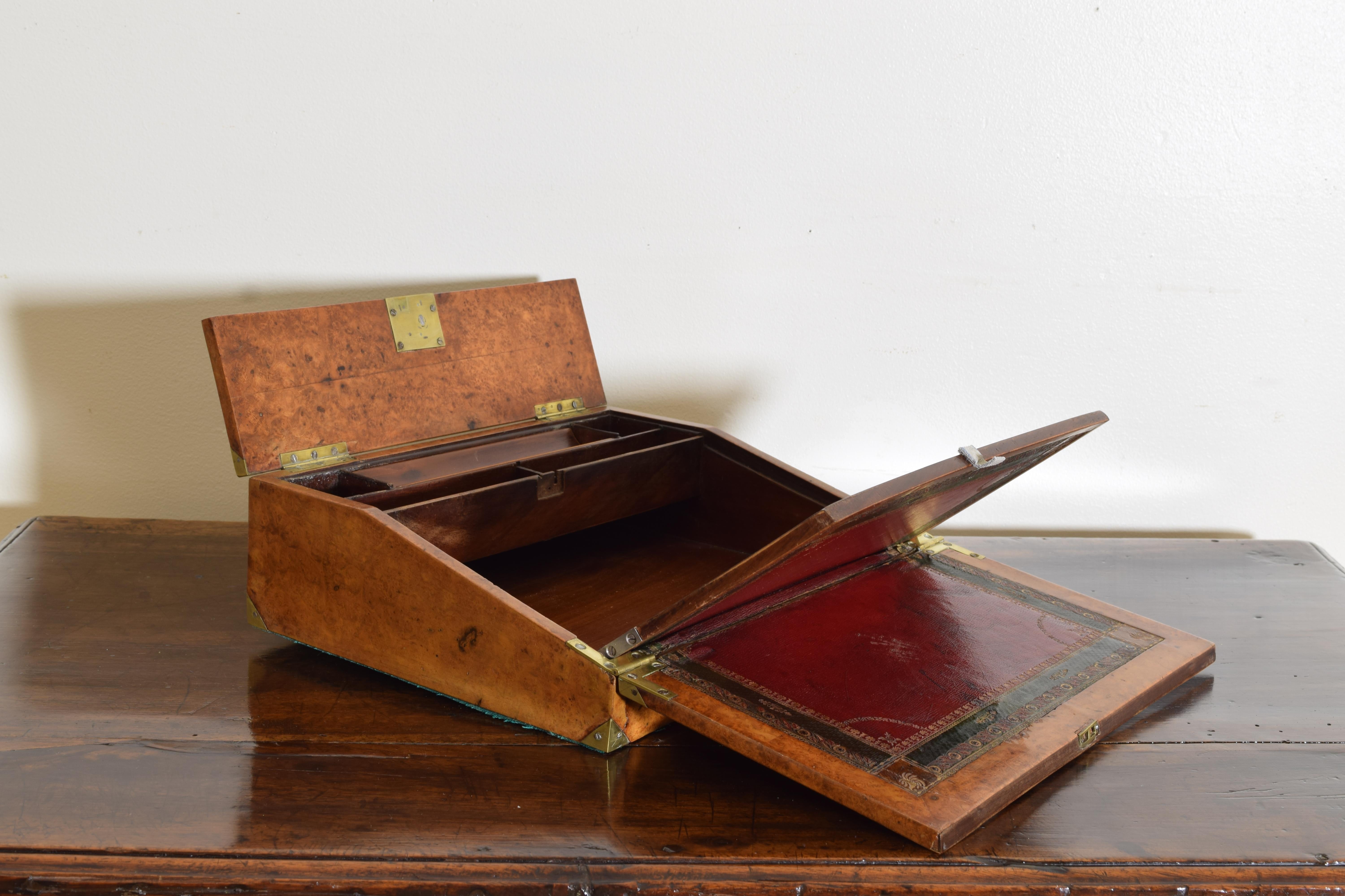 A English Neoclassic Burl Walnut, Brass, & Leather Portable Writing Desk, 19thc For Sale 2