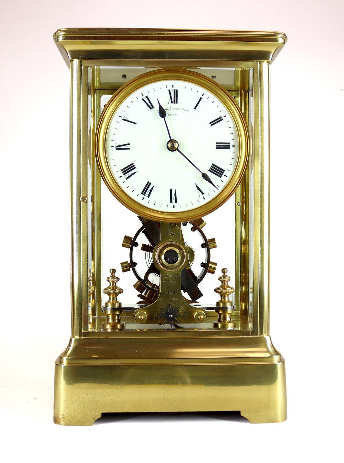 A superb example of a Eureka Clock made c1912.

The electromagnetic movement is regulated by a large, slowly oscillating bi-metallic balance wheel, with the correct battery these clock will run for the duration of the battery life. Housed in a brass