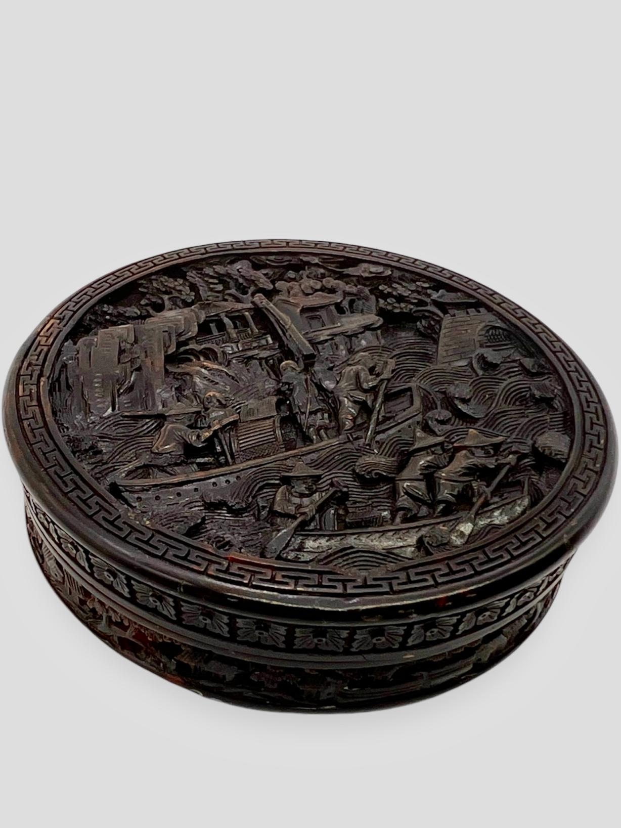 Exceptionnelle tabatière Canton sculptée en fausse écaille de tortue. Dynastie Qing en vente 4