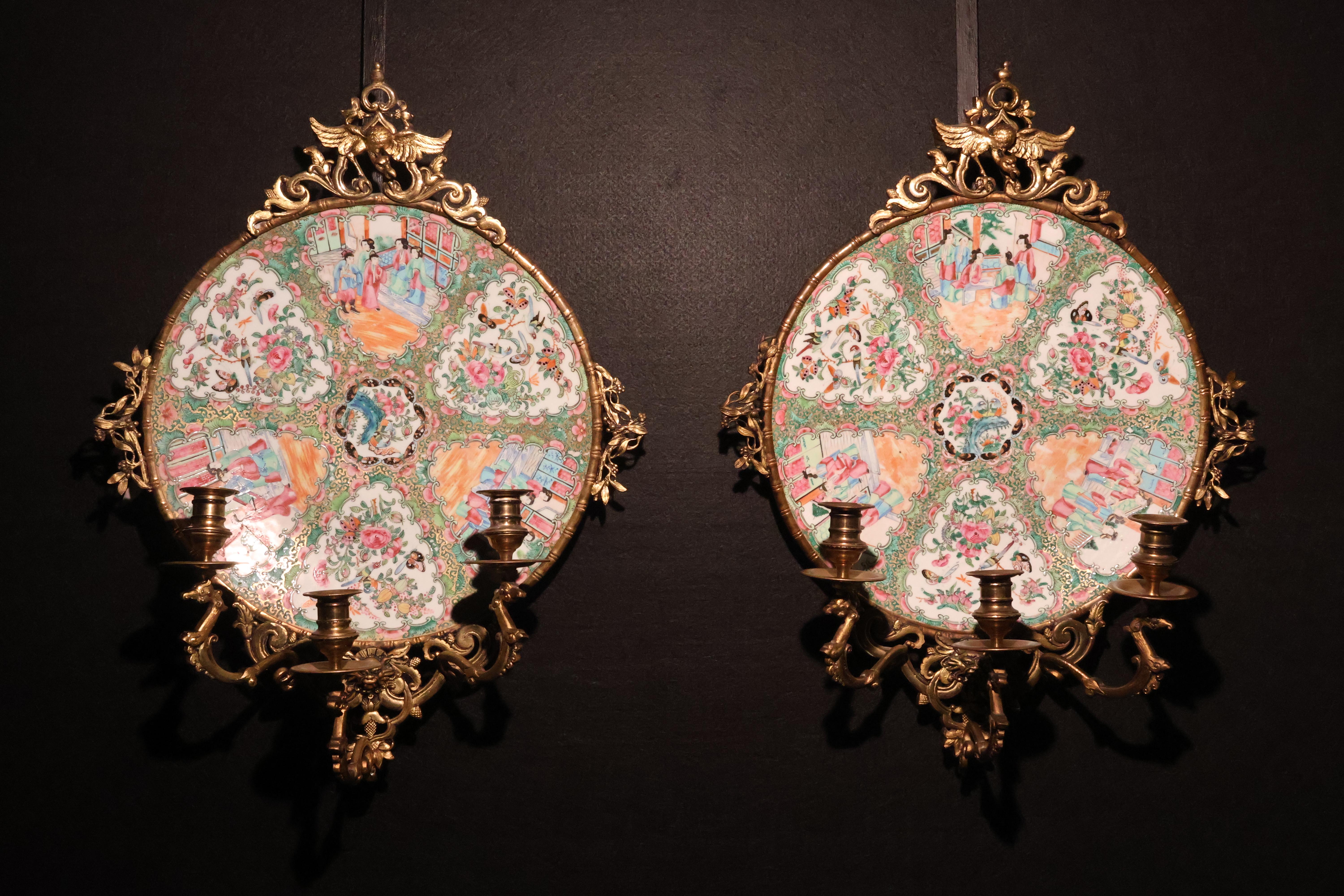 A Exceptional Pair of Famille Rose Canton Plates, now turned into wall sconces.  For Sale 6