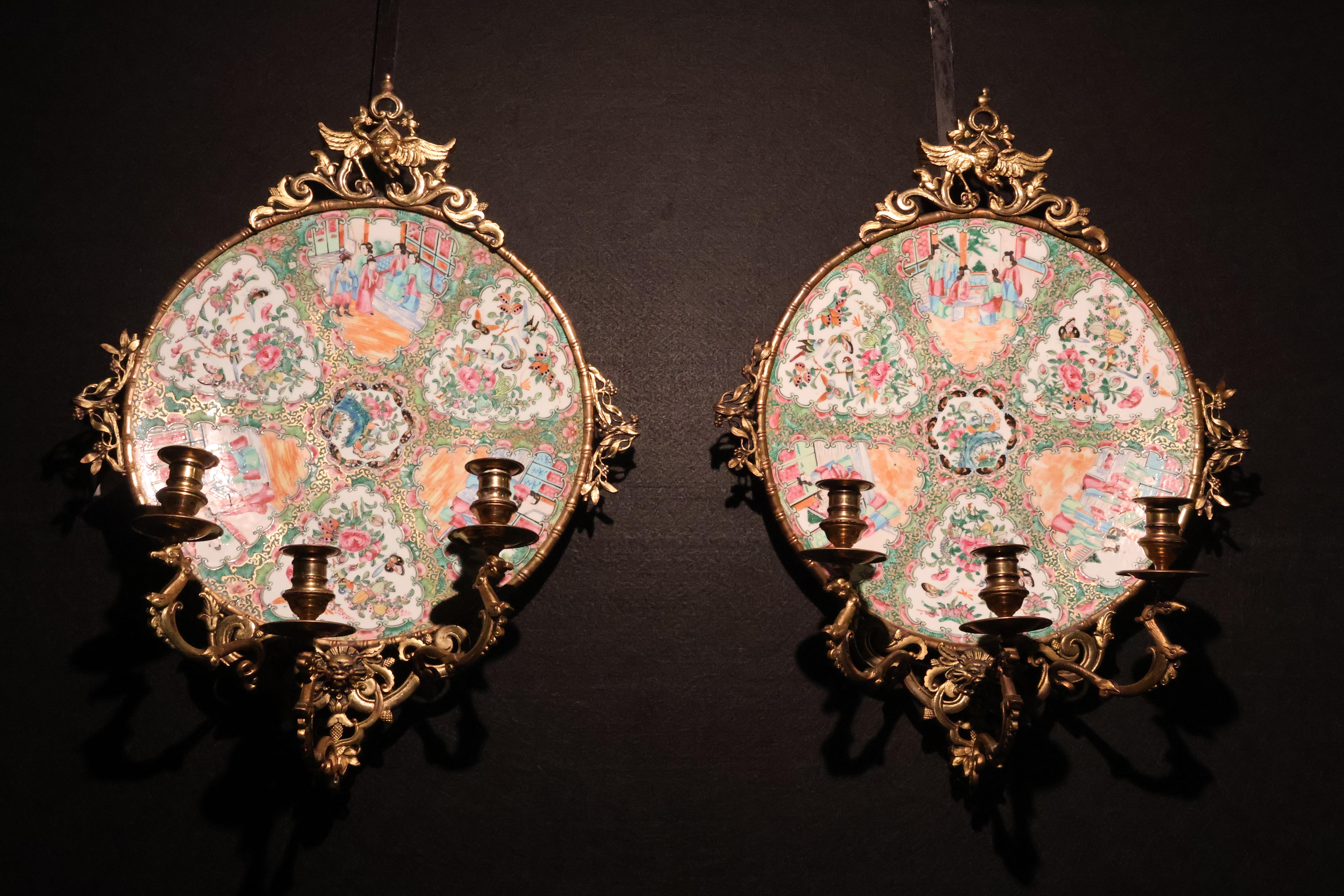 A Exceptional Pair of Famille Rose Canton Plates, now turned into wall sconces.  For Sale 7