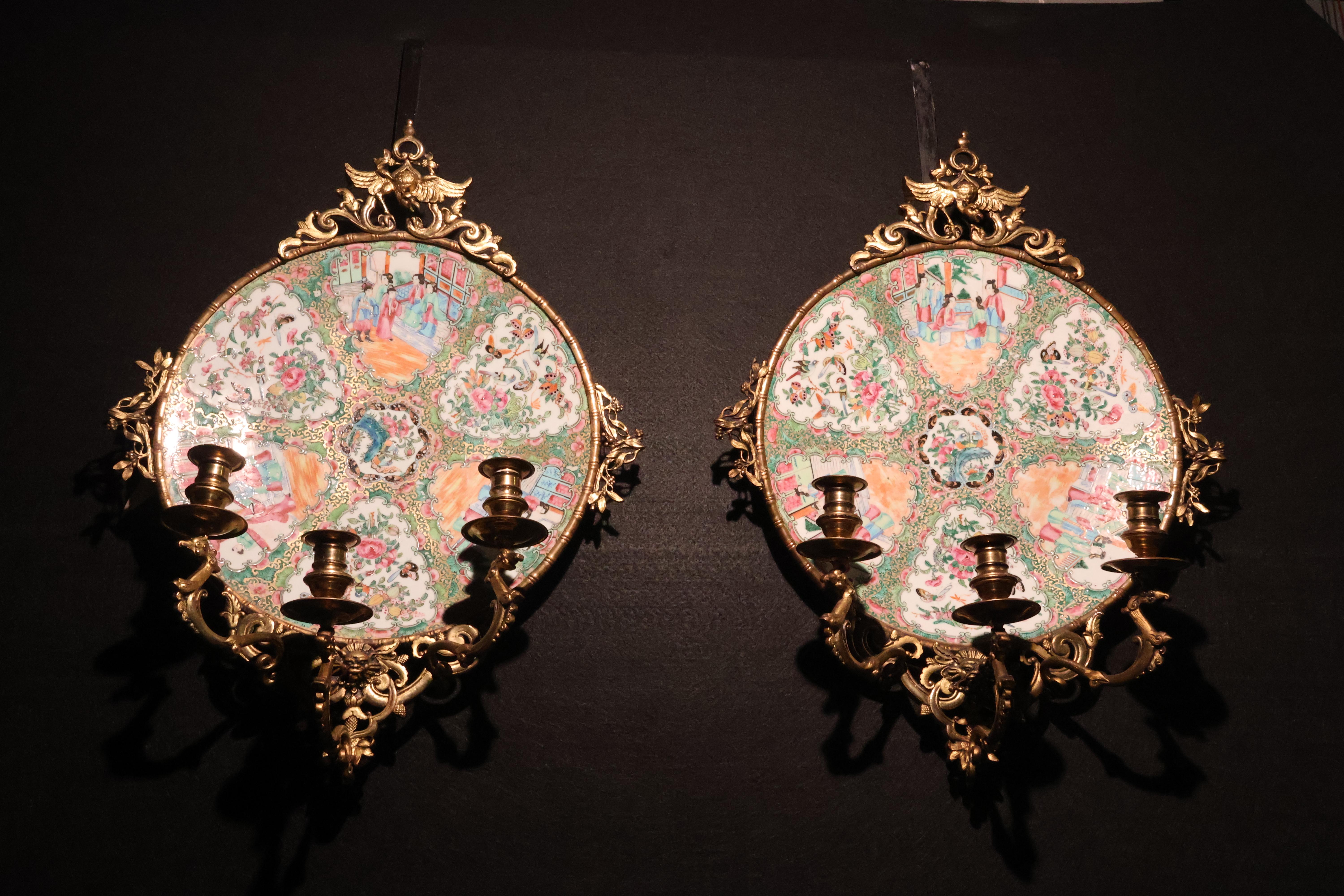 A Exceptional Pair of Famille Rose Canton Plates, now turned into wall sconces.  For Sale 8
