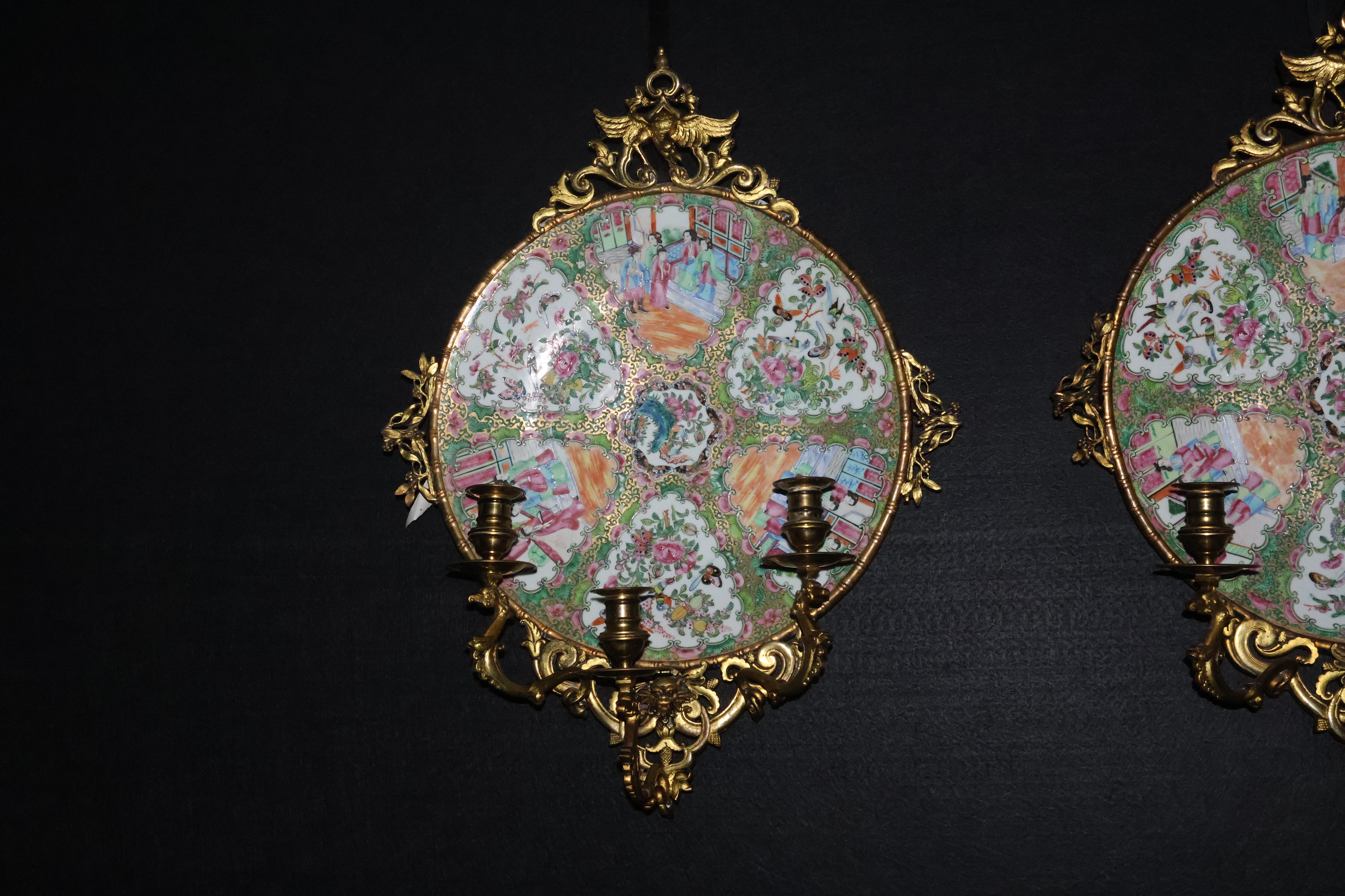 Mid-20th Century A Exceptional Pair of Famille Rose Canton Plates, now turned into wall sconces.  For Sale