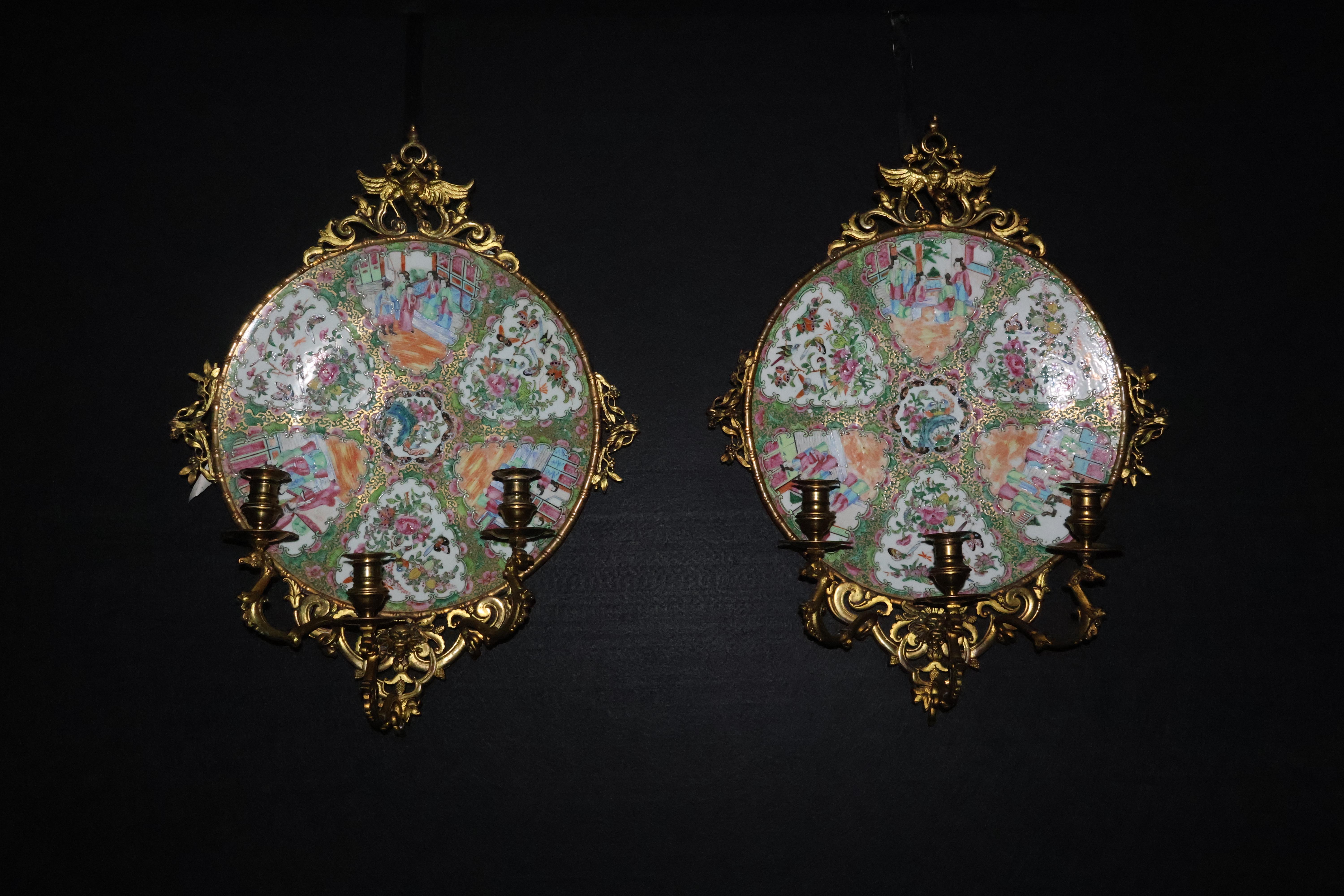Bronze A Exceptional Pair of Famille Rose Canton Plates, now turned into wall sconces.  For Sale