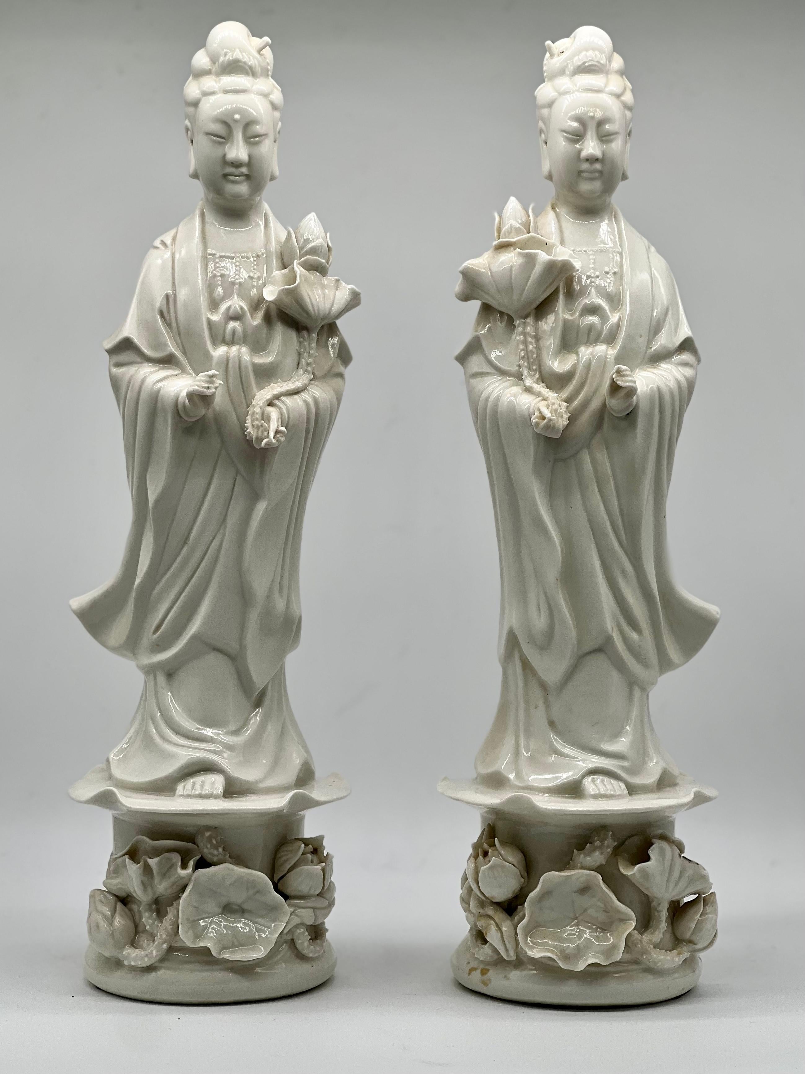 Hand-Painted Exquisite and Large Pair of Blanc De Chine Statues of Guanyin, Republic Period For Sale