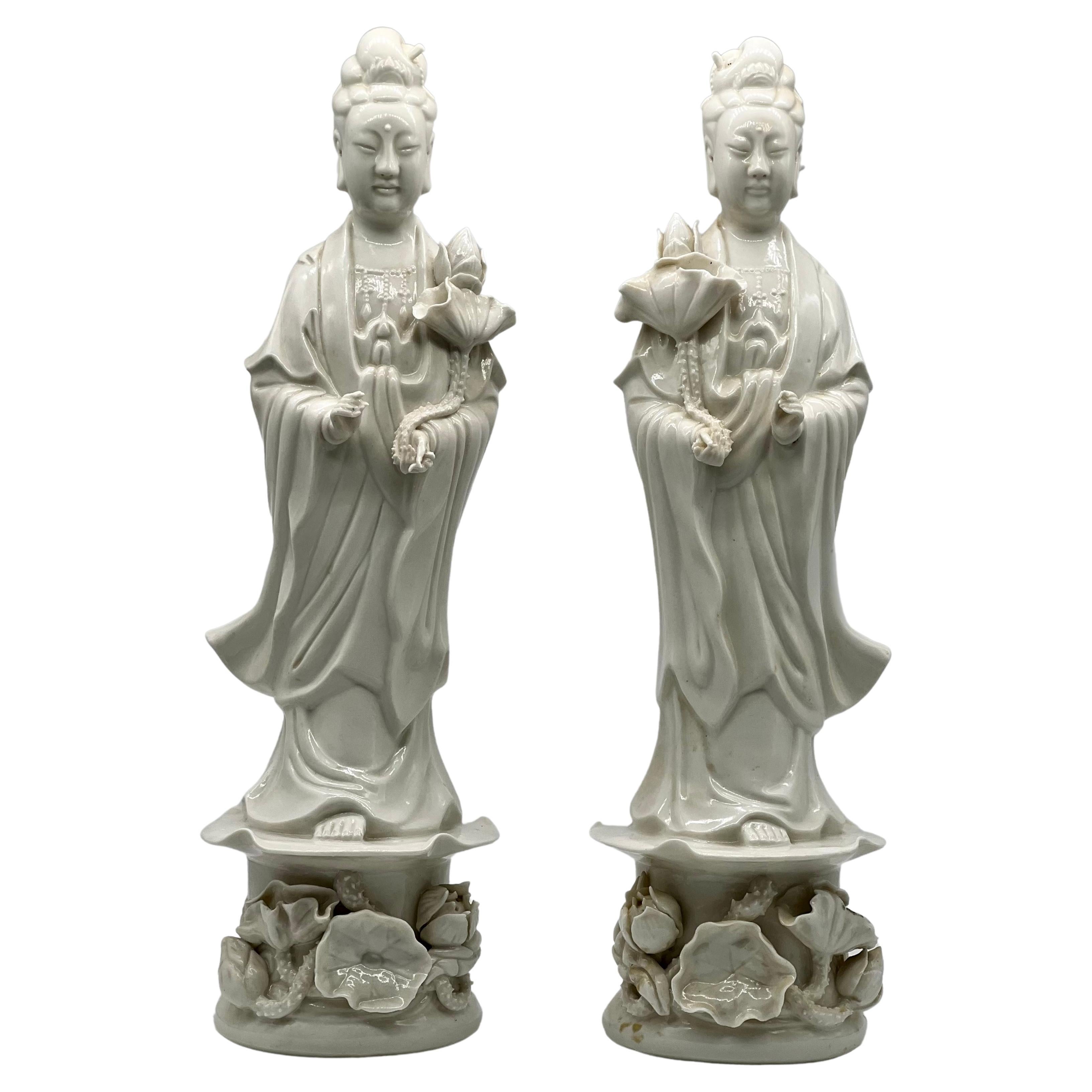 Exquisite and Large Pair of Blanc De Chine Statues of Guanyin, Republic Period For Sale