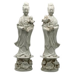 Antique Exquisite and Large Pair of Blanc De Chine Statues of Guanyin, Republic Period