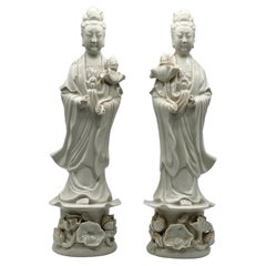 Exquisite and Large Pair of Blanc De Chine Statues of Guanyin, Republic Period