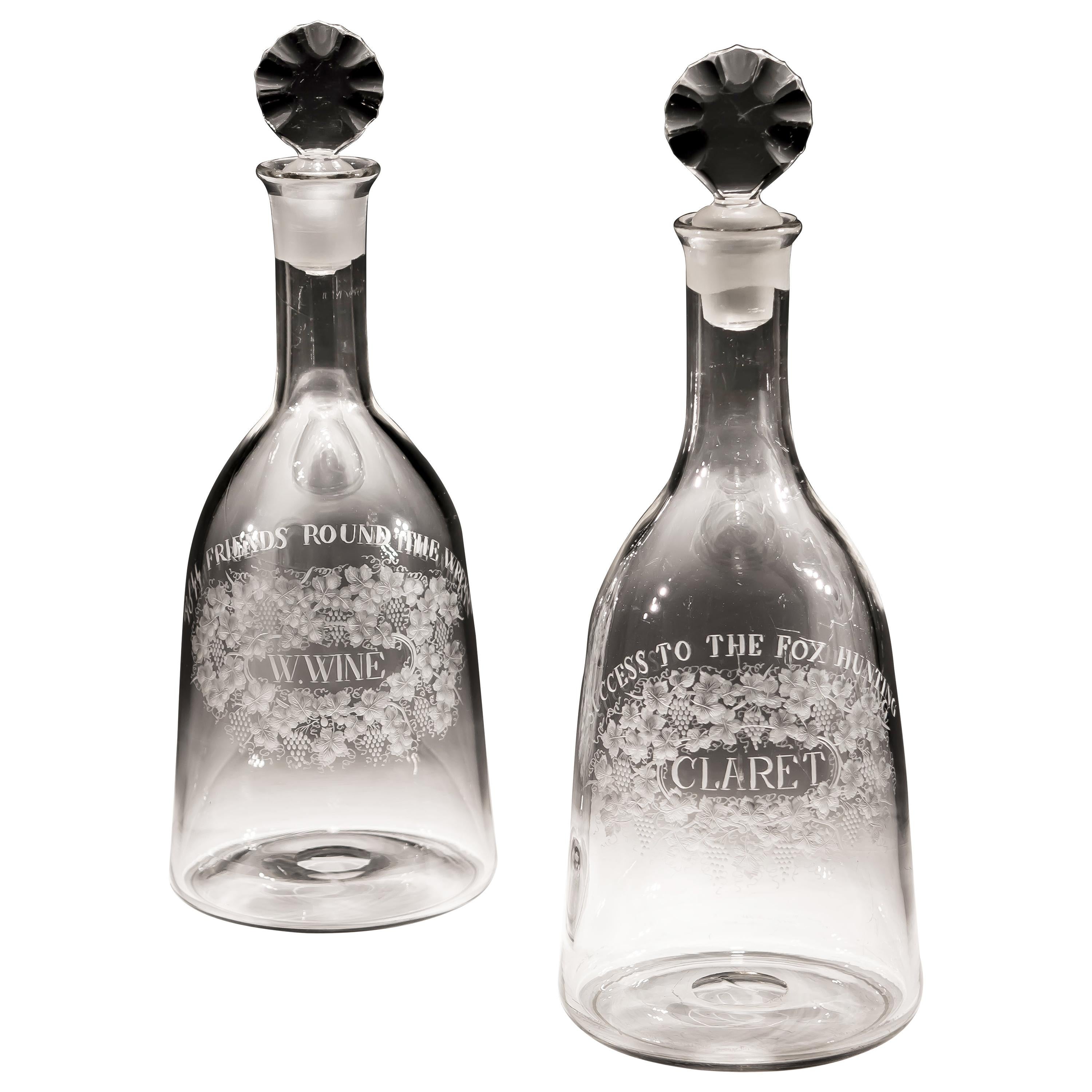Exquisite Engraved Pair of Georgian Labelled Mallet Decanters For Sale