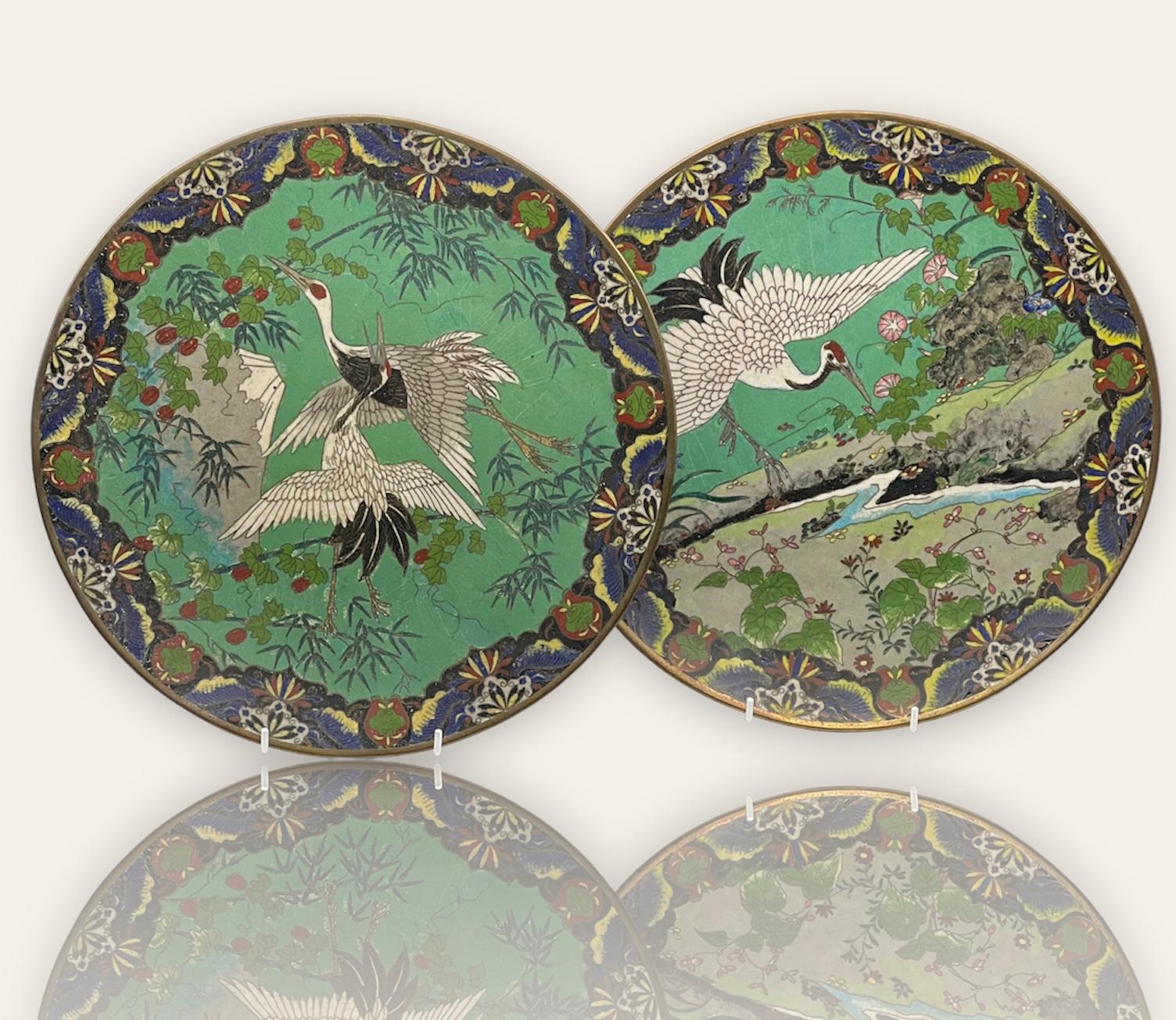 Exquisite Pair of Japanese Cloisonne on Bronze Chargers, Meiji Period, 19th C In Good Condition In London, GB