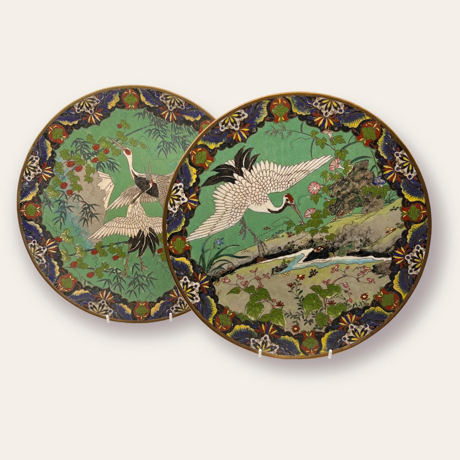 19th Century Exquisite Pair of Japanese Cloisonne on Bronze Chargers, Meiji Period, 19th C