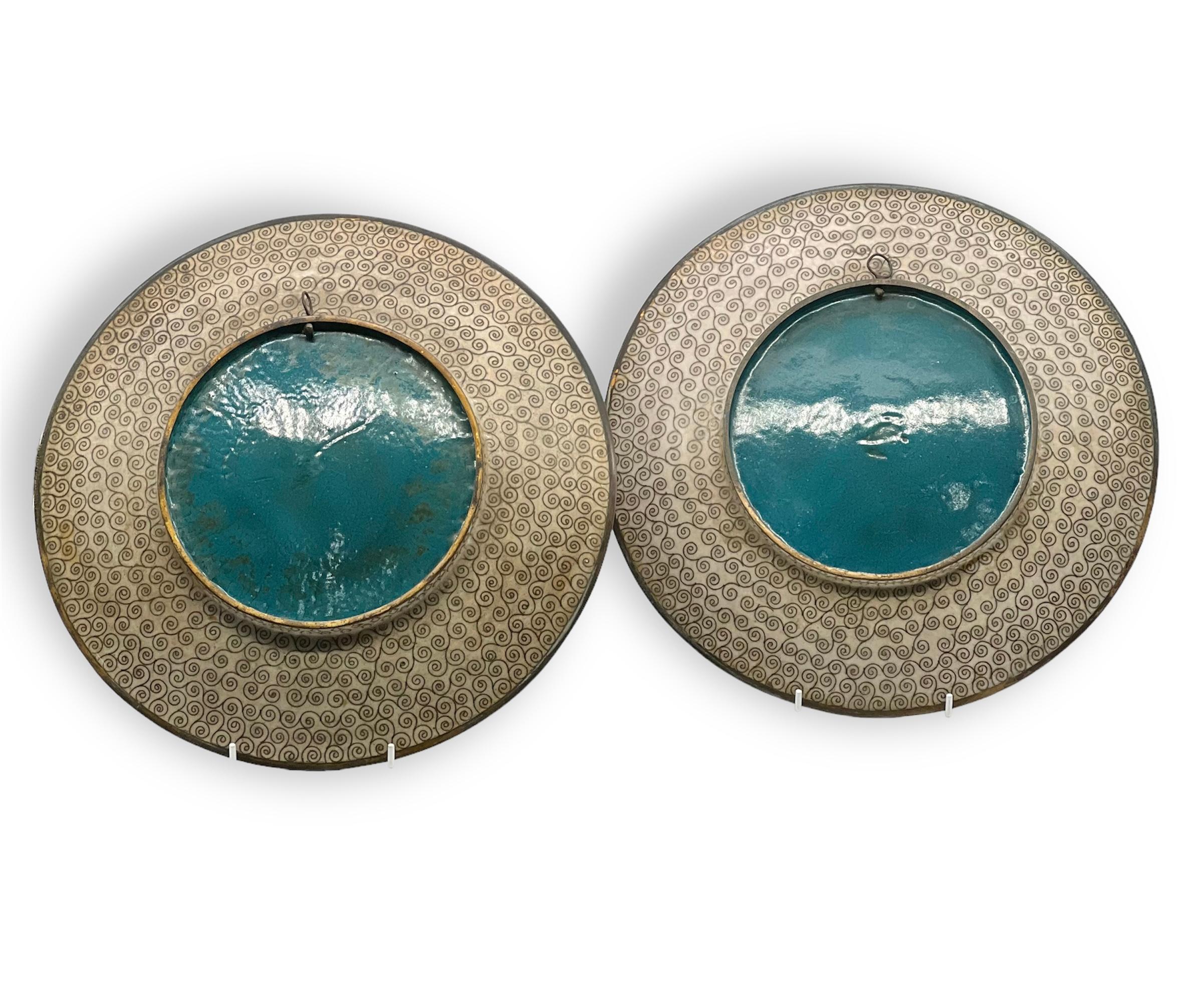 Enamel Exquisite Pair of Japanese Cloisonne on Bronze Chargers, Meiji Period, 19th C