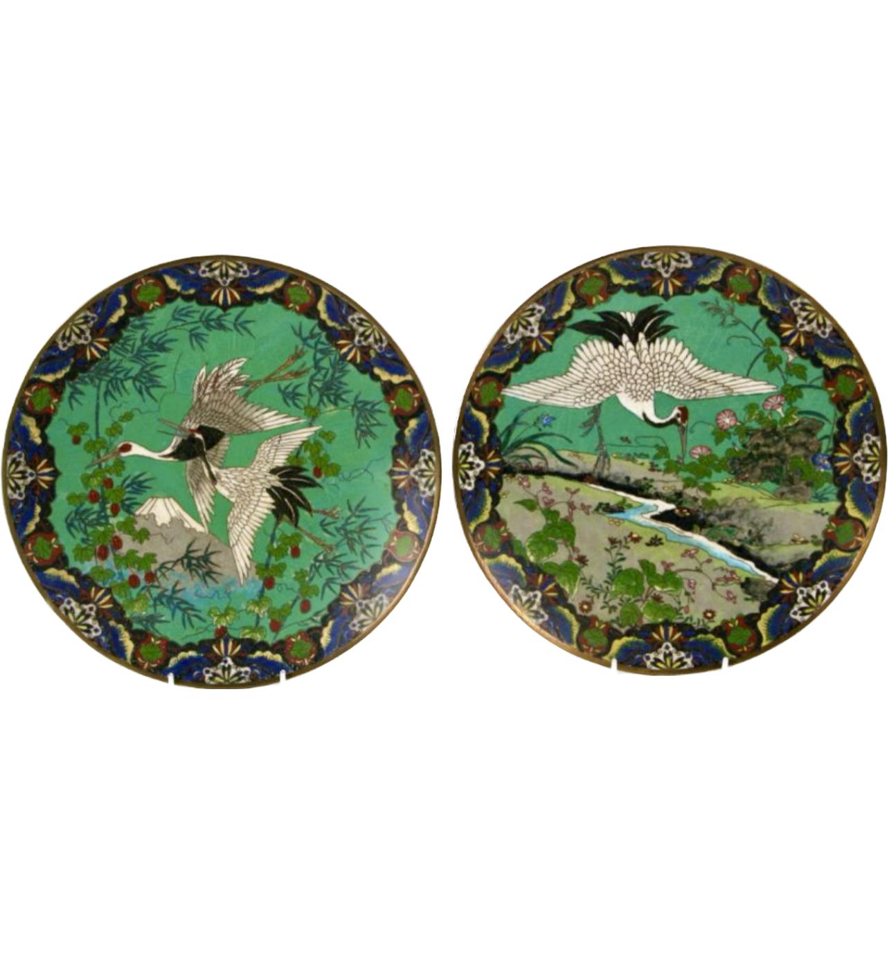 Exquisite Pair of Japanese Cloisonne on Bronze Chargers, Meiji Period, 19th C 1