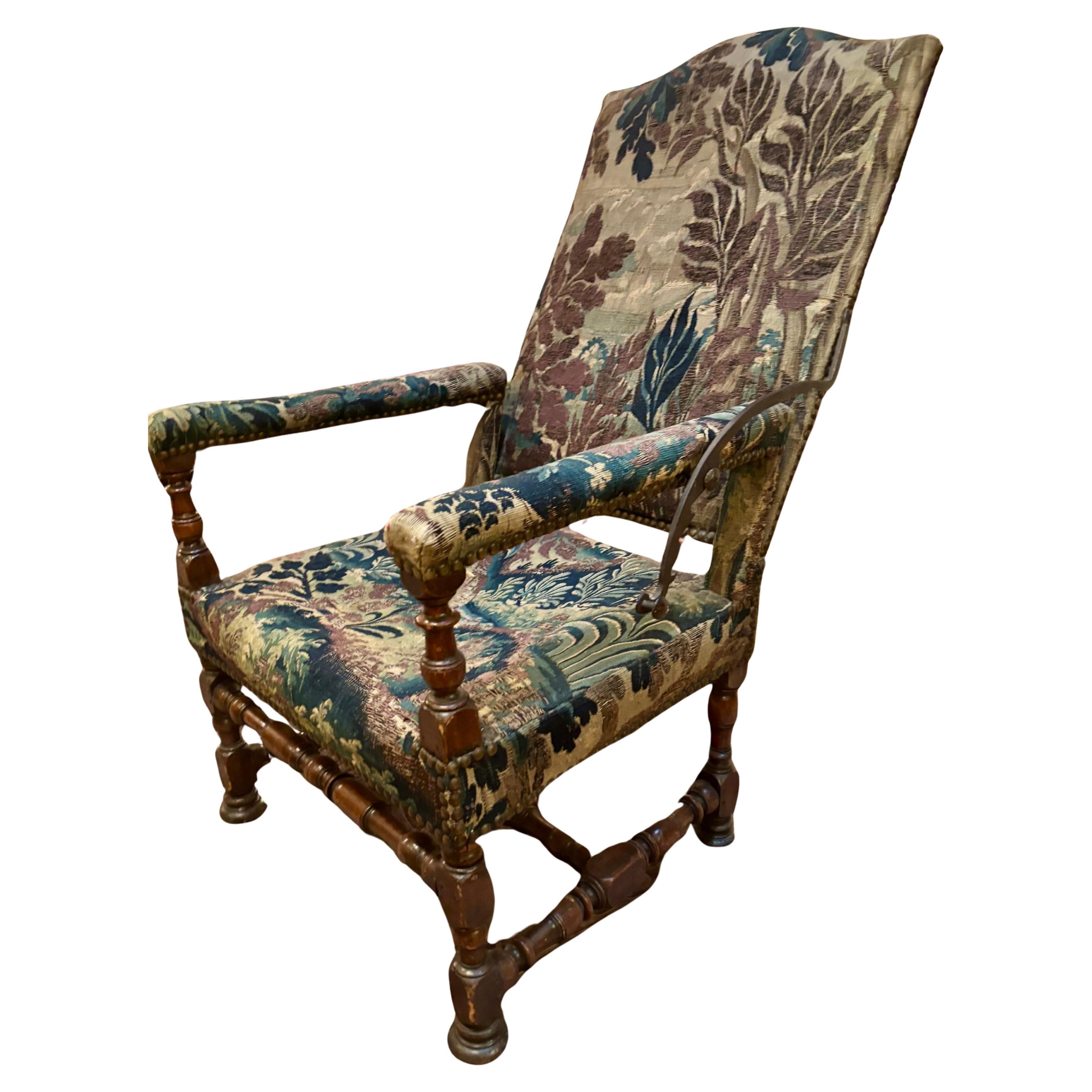 A Extremely Rare French Louis XIV period Tapestry Reclining Armchair For Sale