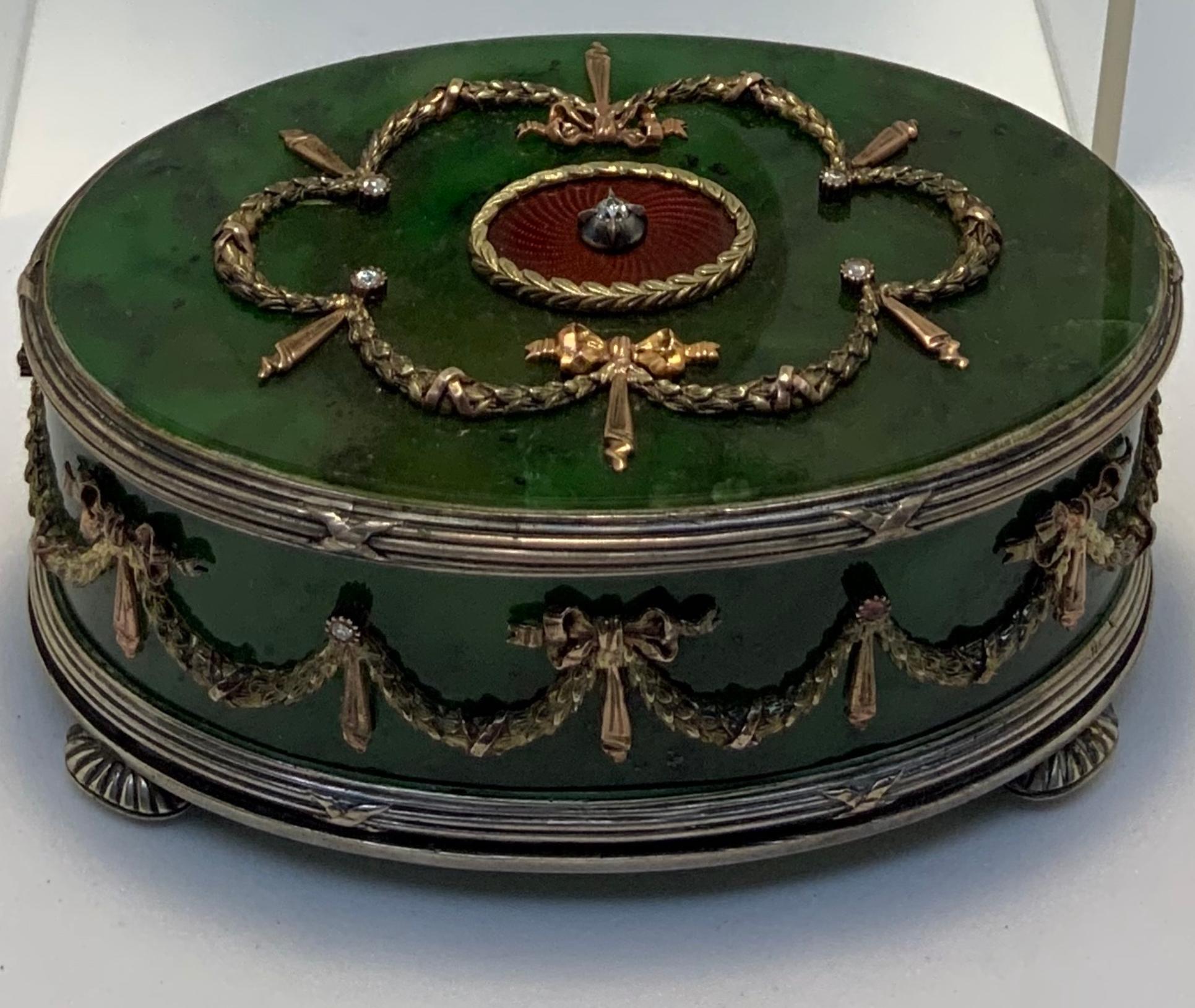 An oval footed trinket box which is bearing the Faberge Imperial Russian silver hallmark Cyrillic characters, and made in the St. Petersburg workshop. During the late 1800s, there were only three senior work masters named Nevalainen, Rappoport, and