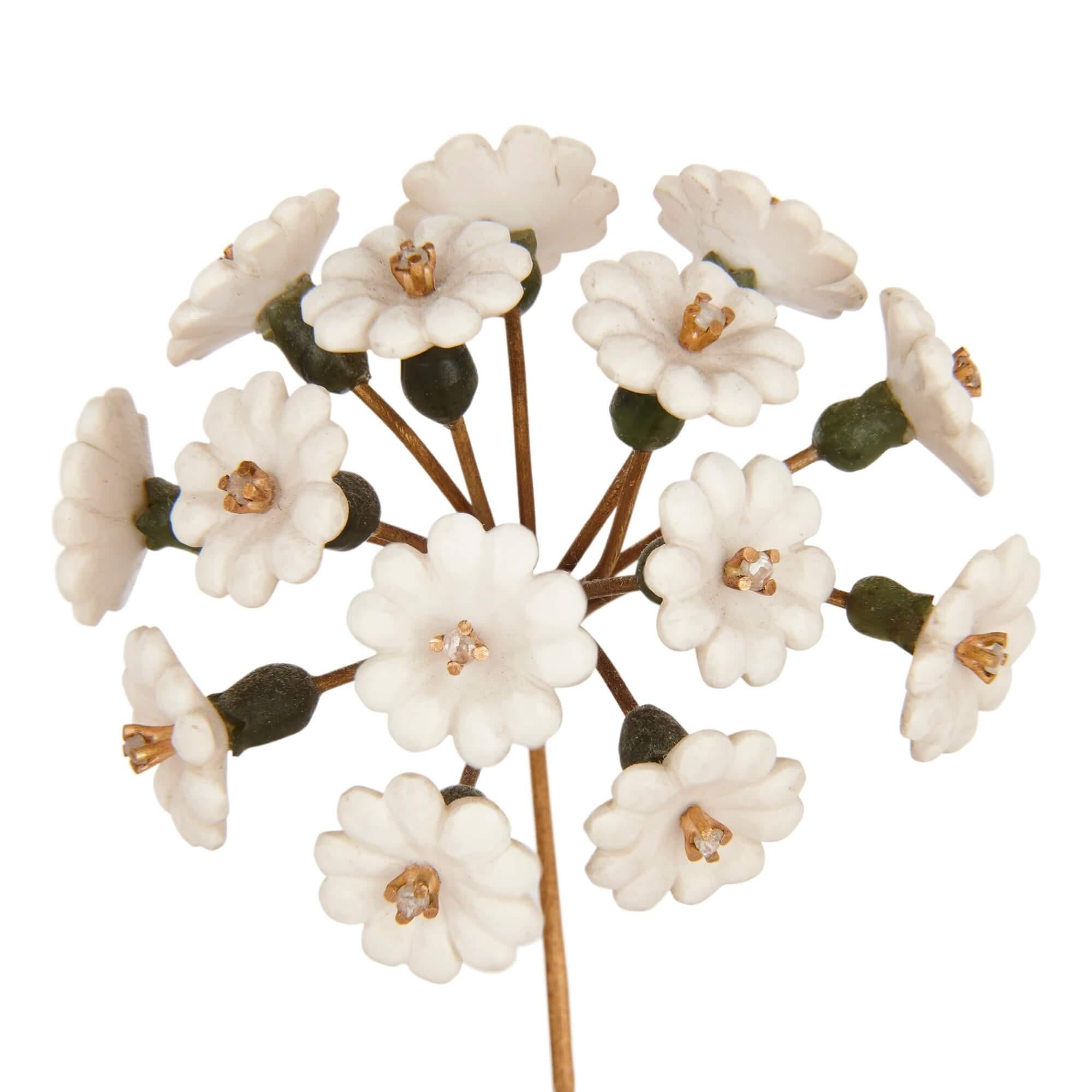European Fabergé Style Rock Crystal, Gilt, Diamond and Nephrite Flower Model
