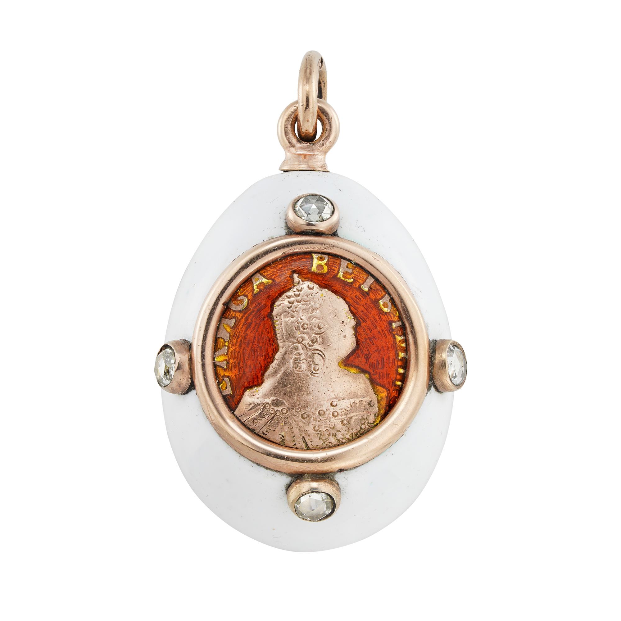 A Fabergé white and red enamelled Easter egg pendant, to the centre a silver-gilt relief of Empress Elizabeth over a red guilloche enamel background, withing a rose gold frame flanked with four rose-cut diamonds, the egg with opaque white enamel and